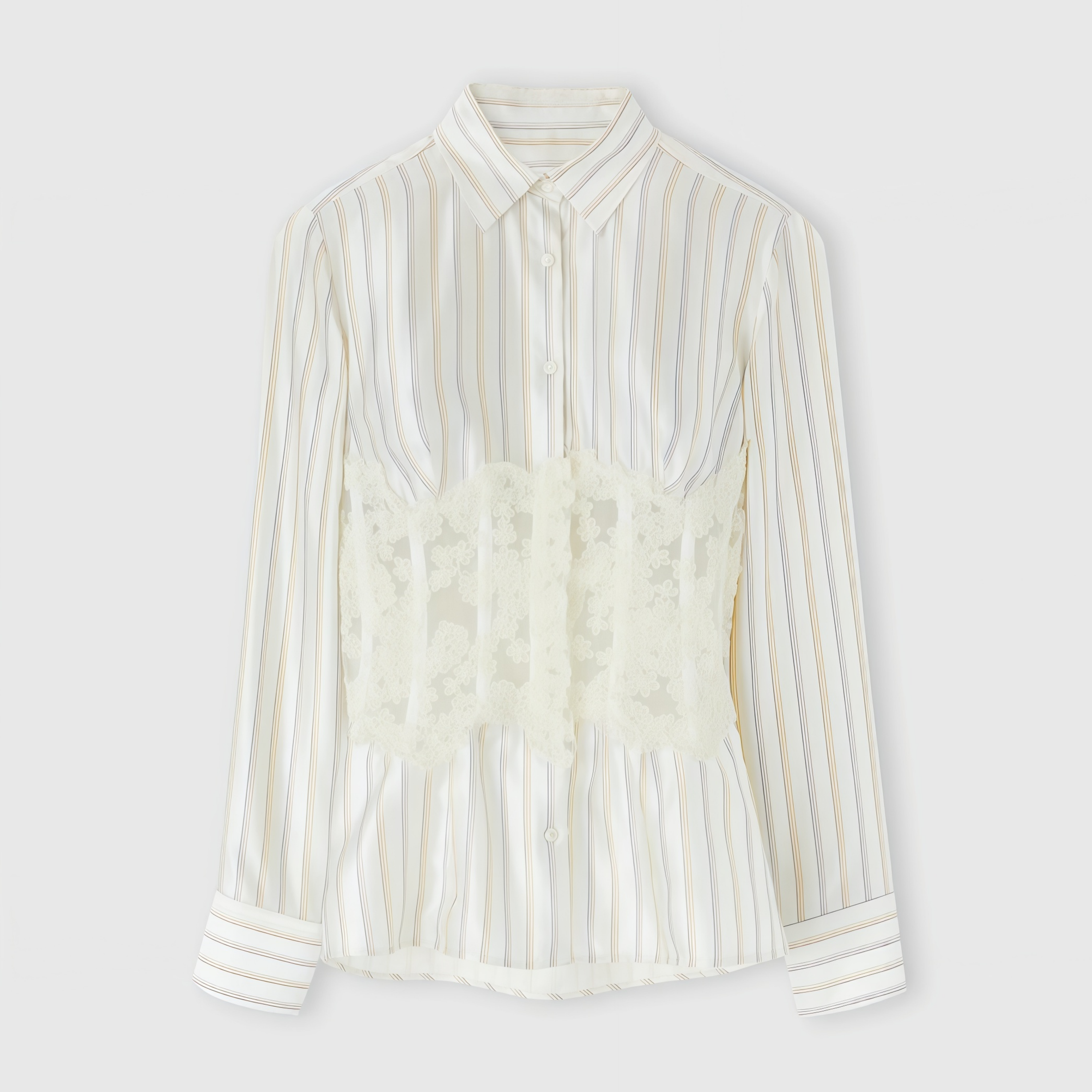 Vertical Striped Button-Up Shirt with Integrated White Lace Corset Waist and Long Sleeves