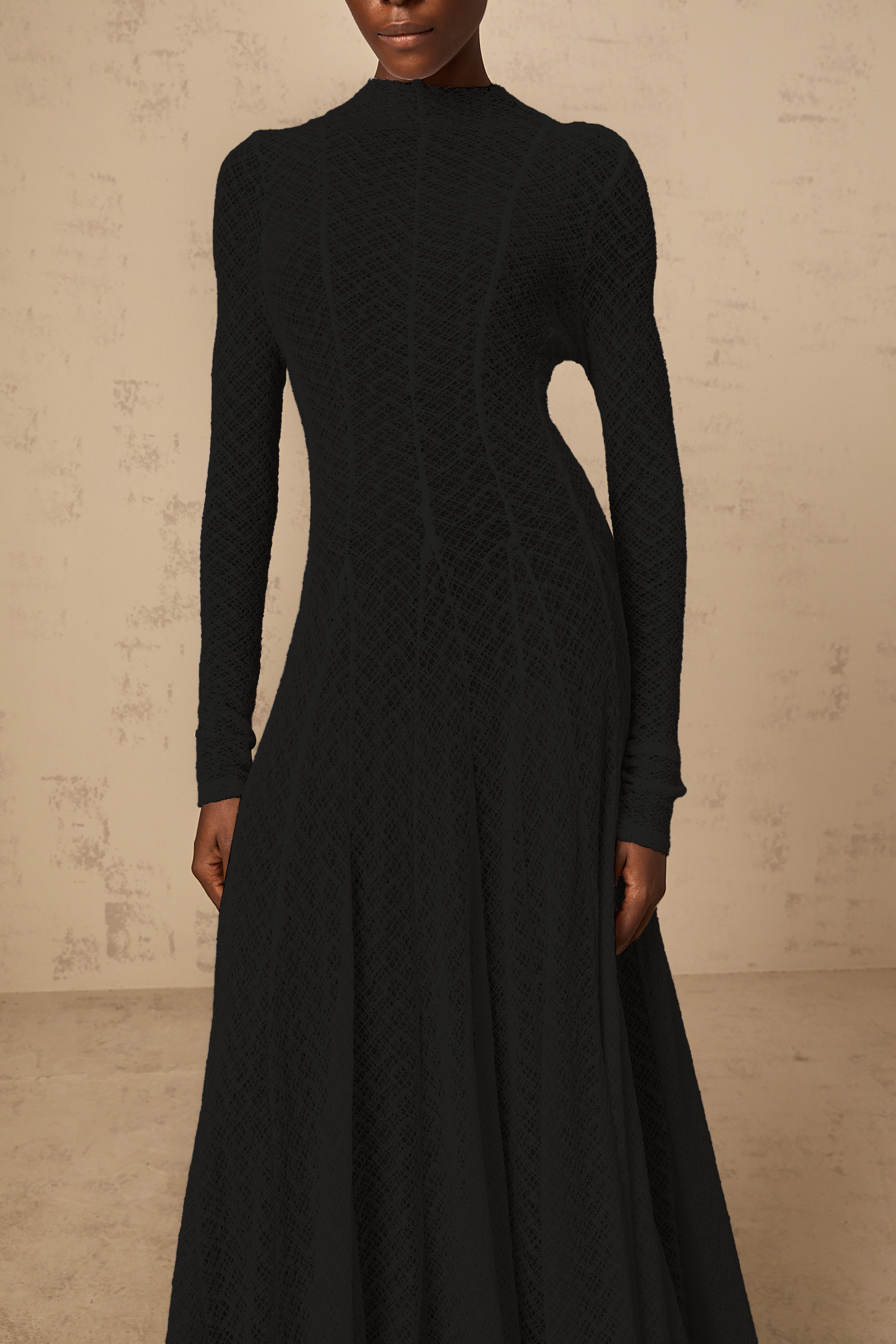 Athena wavy-pattern lace maxi dress in Black