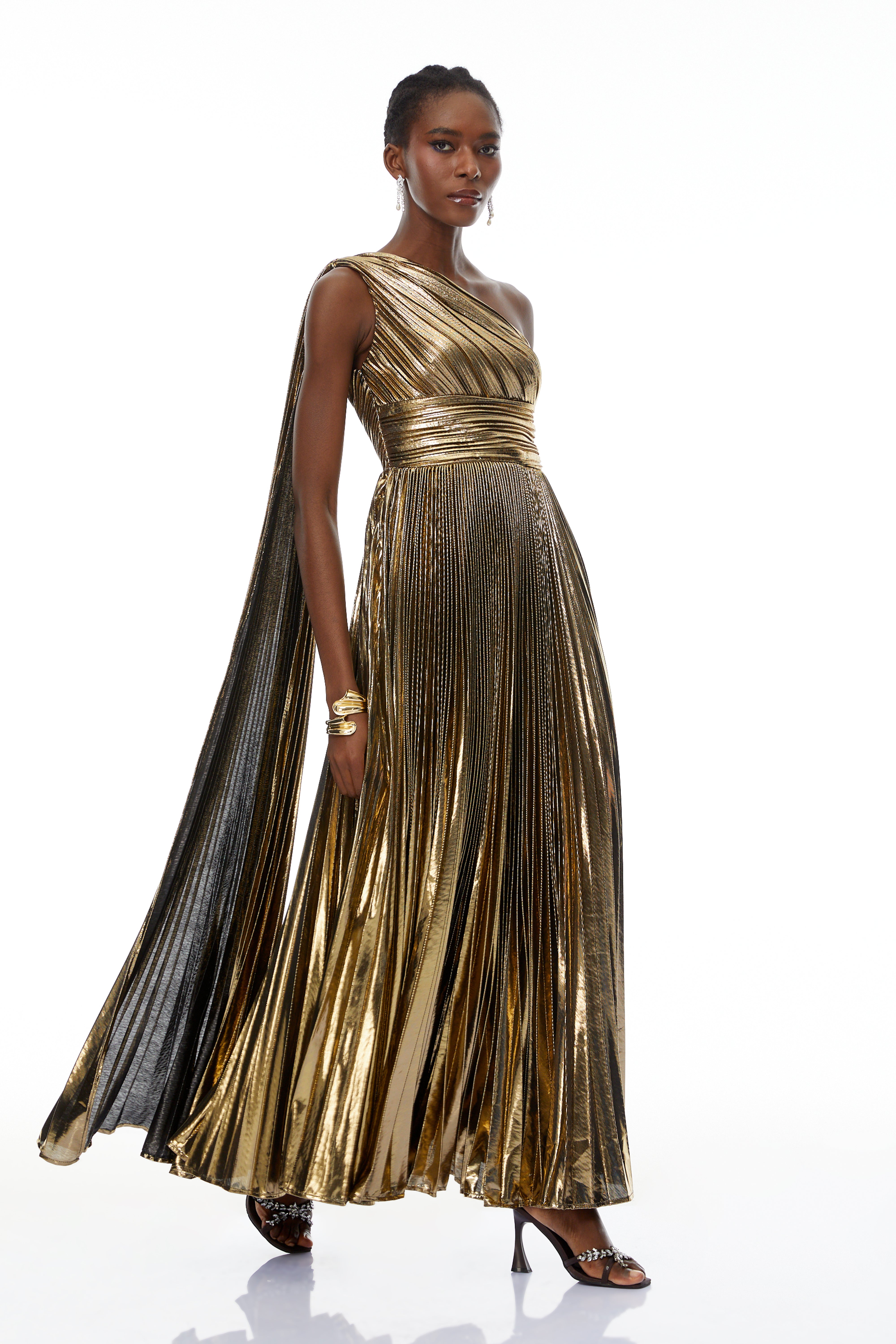Adrián Gold One Shloulder Ruched Maxi Dress (Final Sale-US Only)