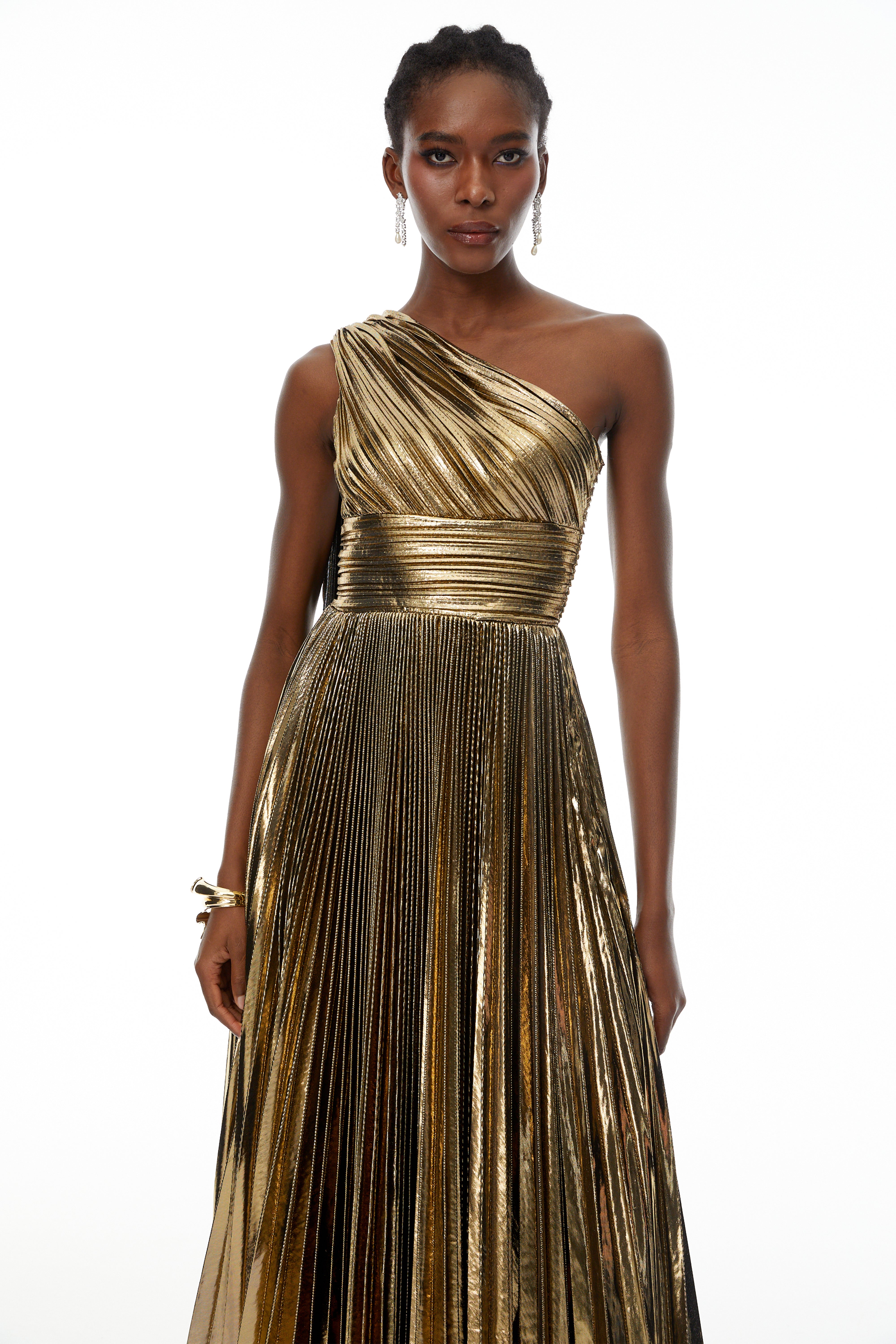 Adrián Gold One Shloulder Ruched Maxi Dress (Final Sale-US Only)