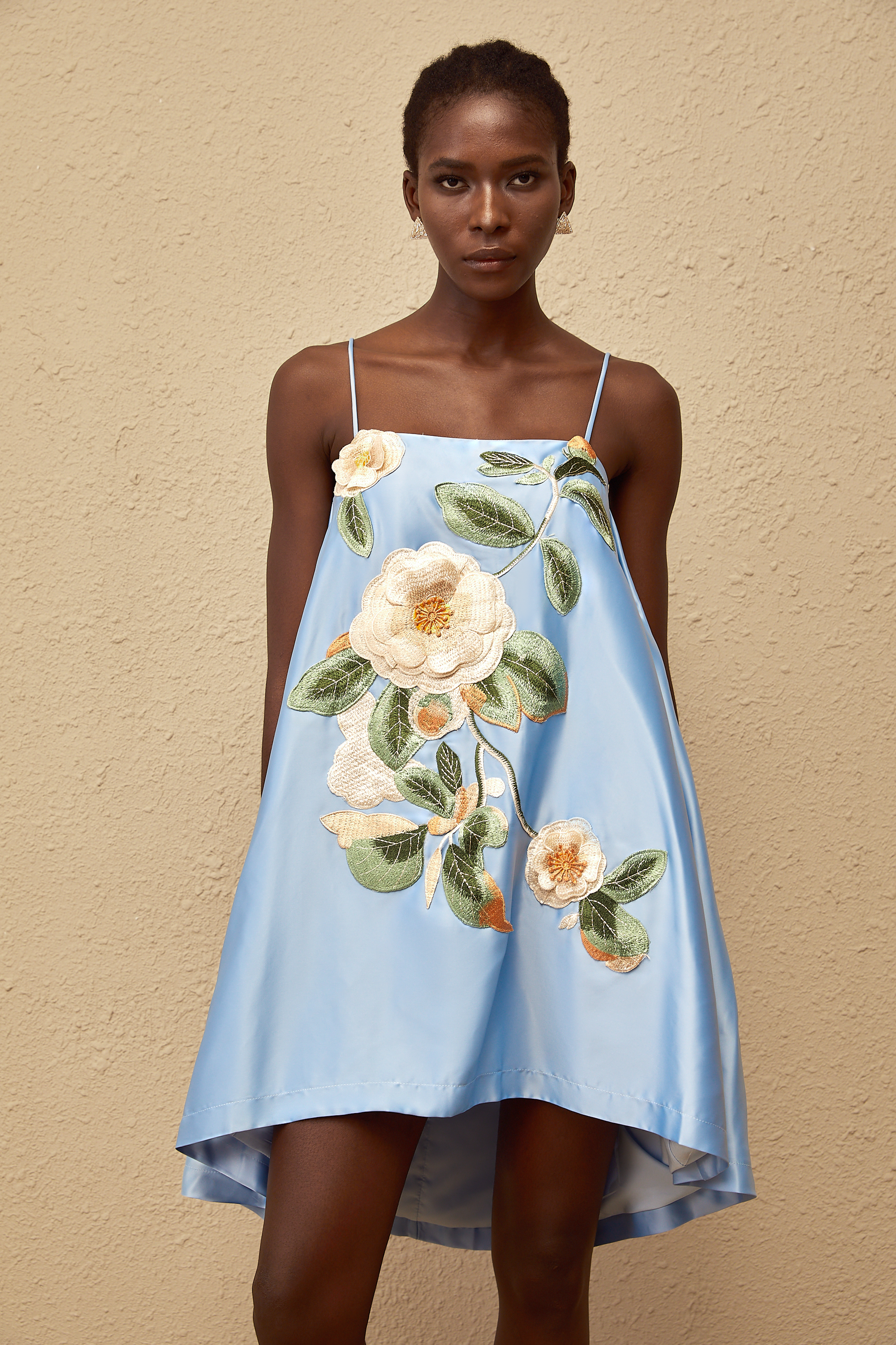 Avril Blue Floral Embroidered Satin Mini Dress (Final Sale)