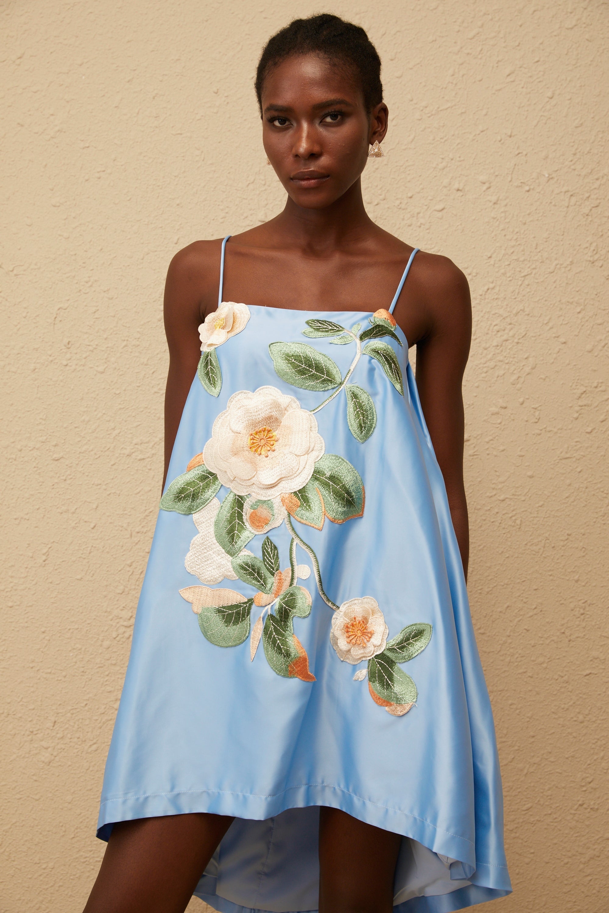 Avril Blue Floral Embroidered Satin Mini Dress (Final Sale)