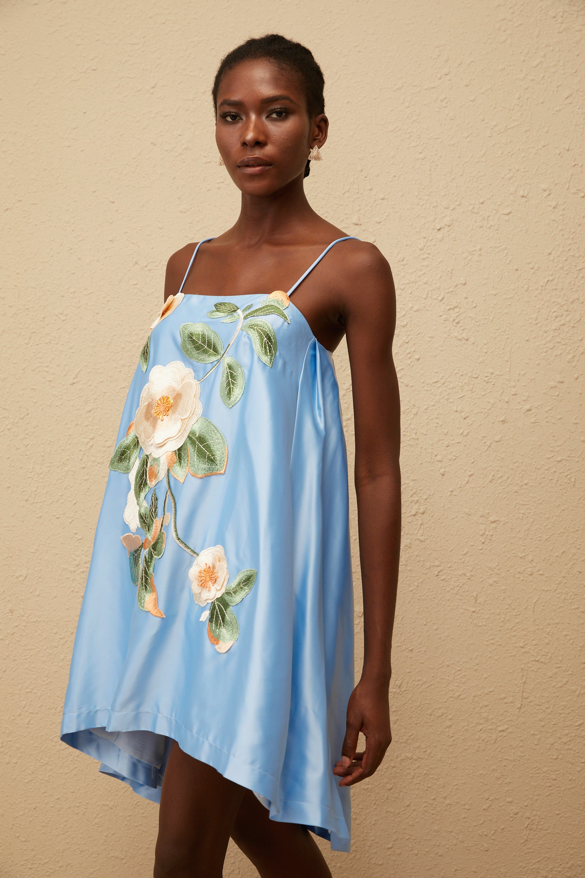 Avril Blue Floral Embroidered Satin Mini Dress (Final Sale)