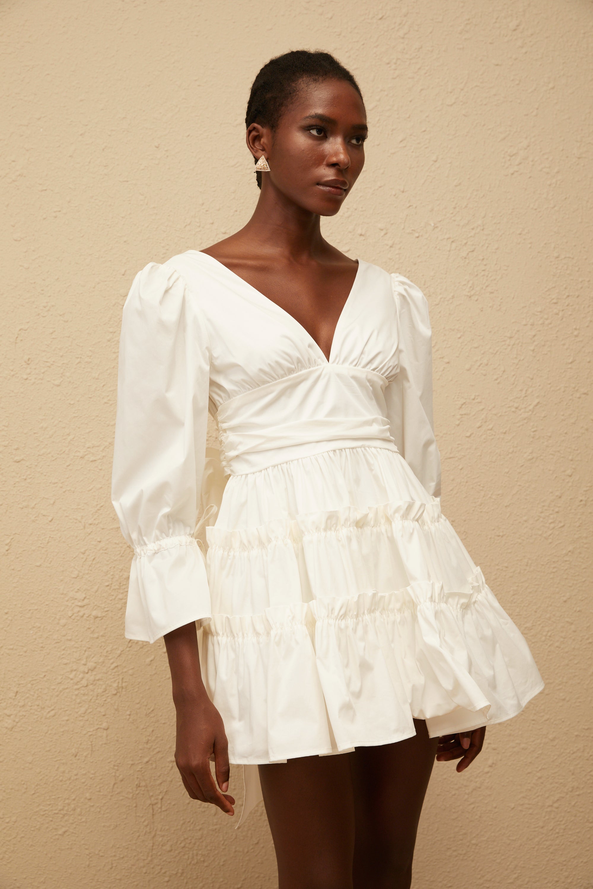 Jutta White Bowknot Shirred Mini Dress