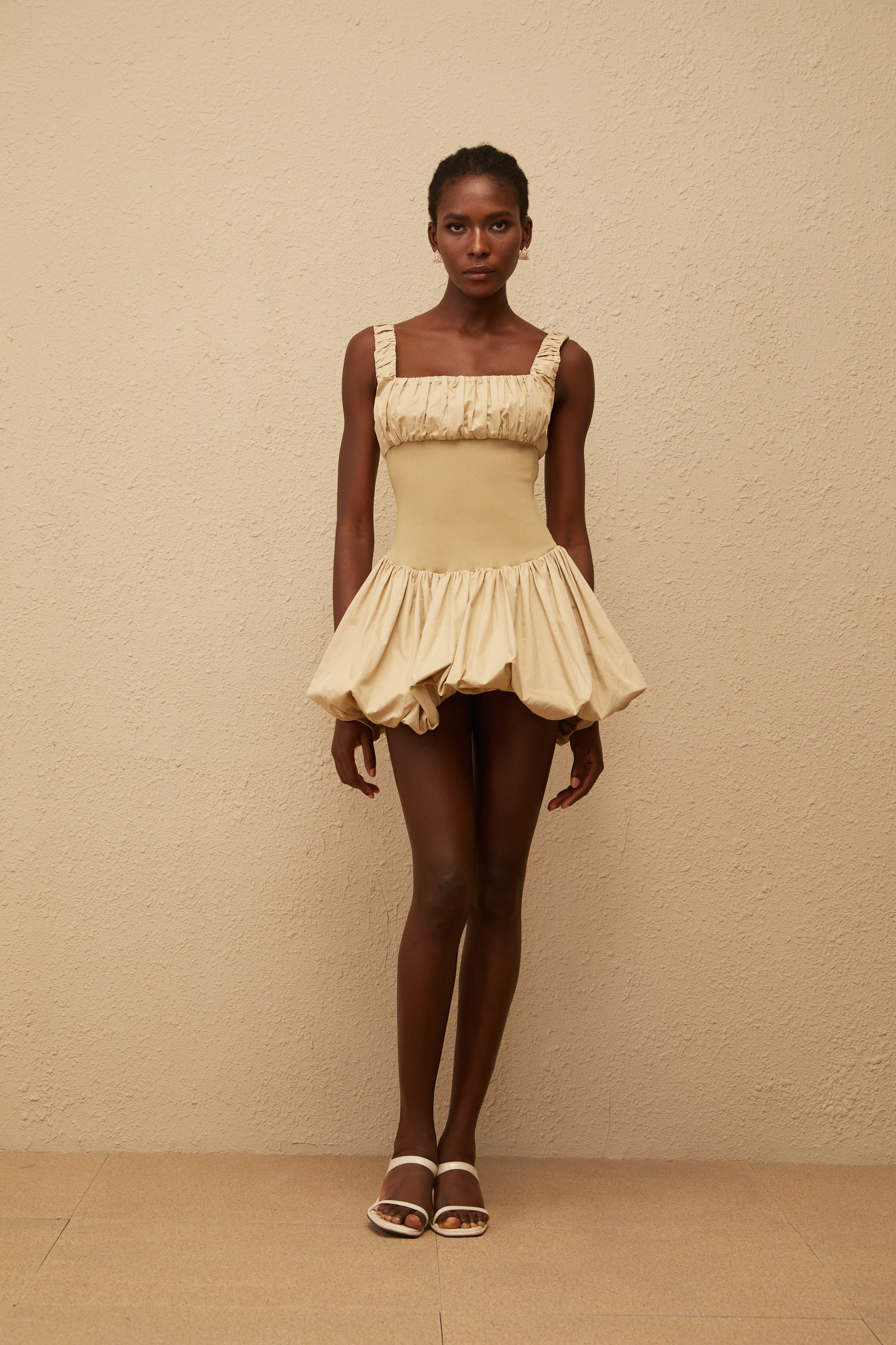 Sandrine Khaki Shirred Bubble Hem Mini Dress (Final Sale-US Only)