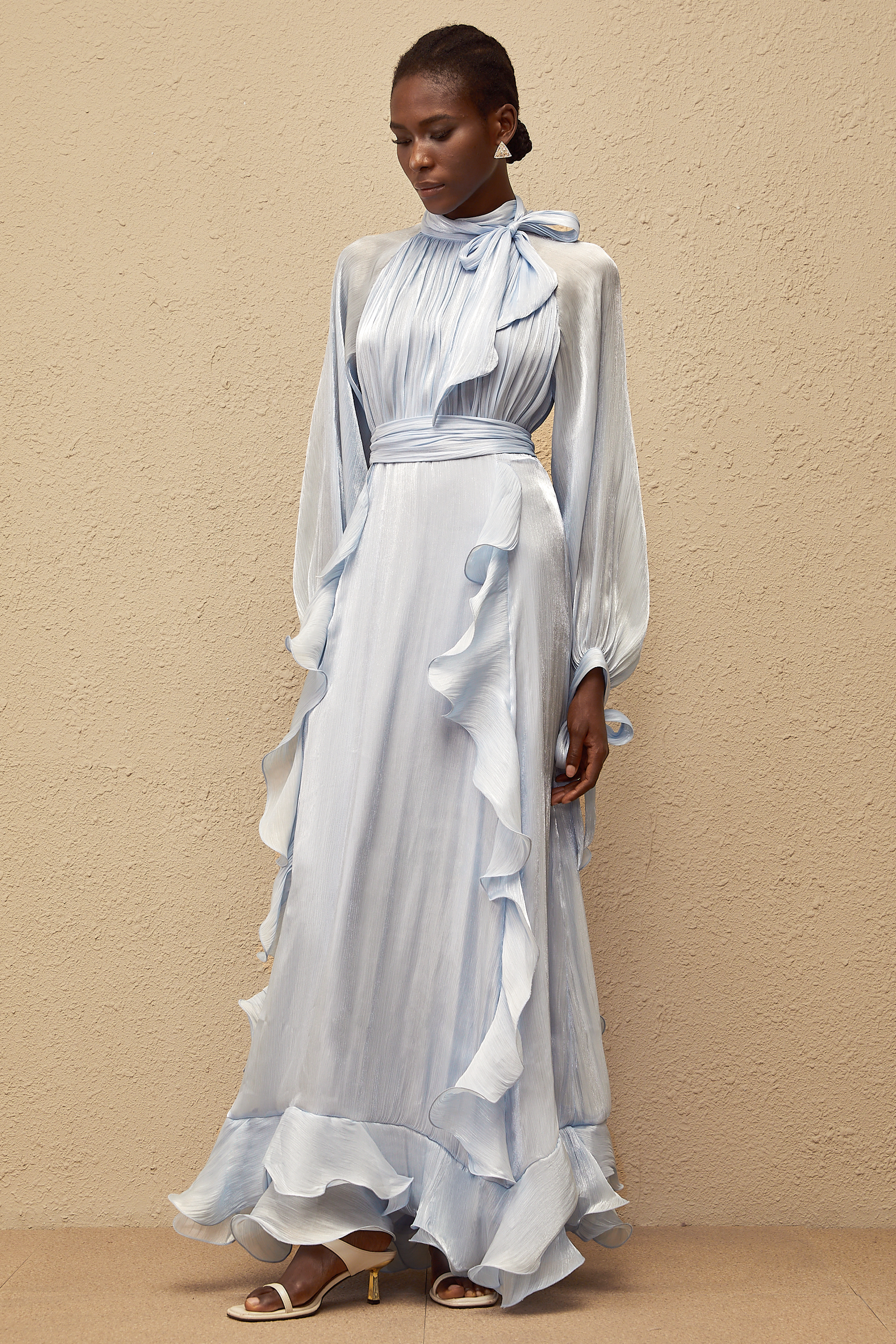 Nanette Blue Glossy Pleated Maxi Dress