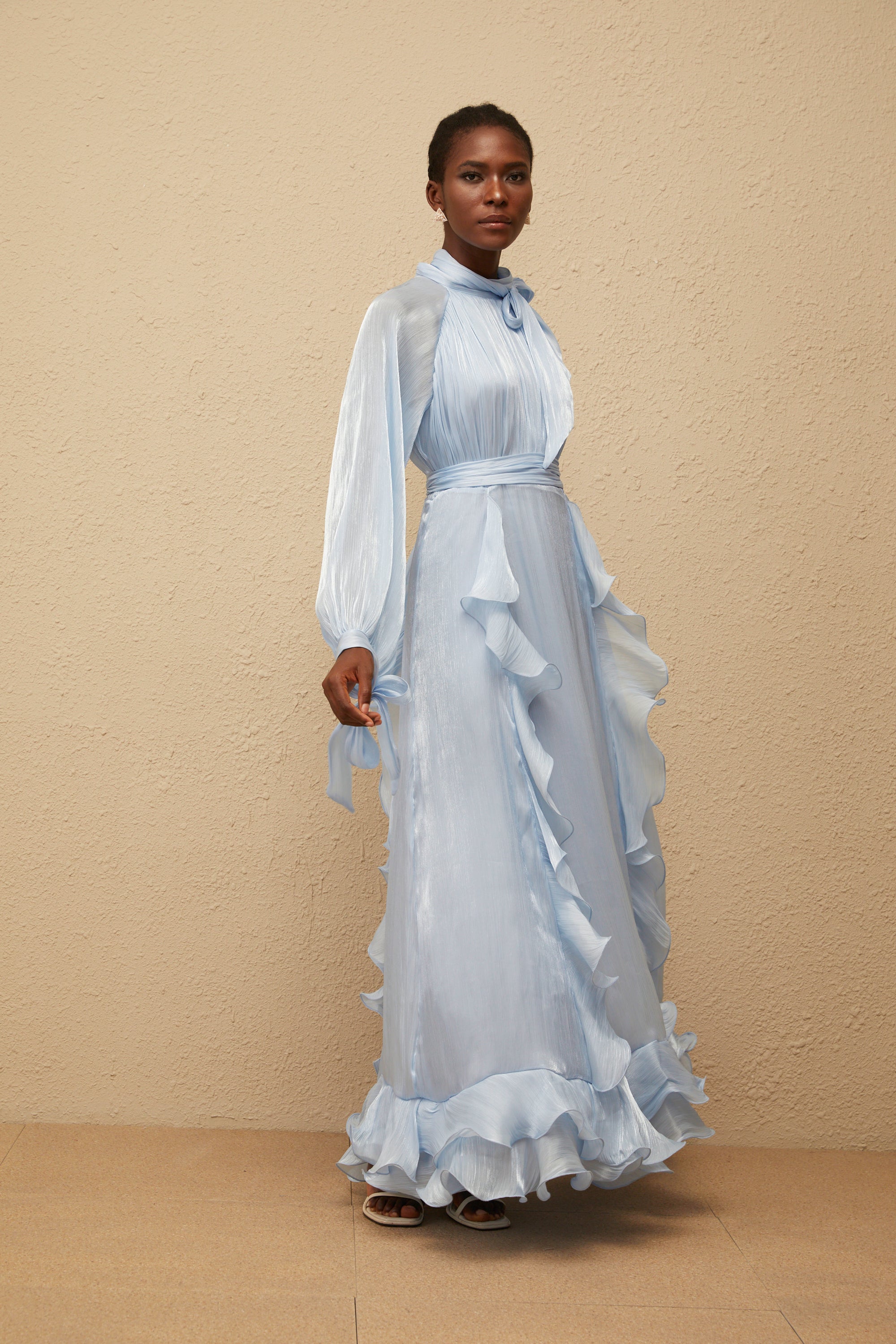 Nanette Blue Glossy Pleated Maxi Dress (Final Sale)