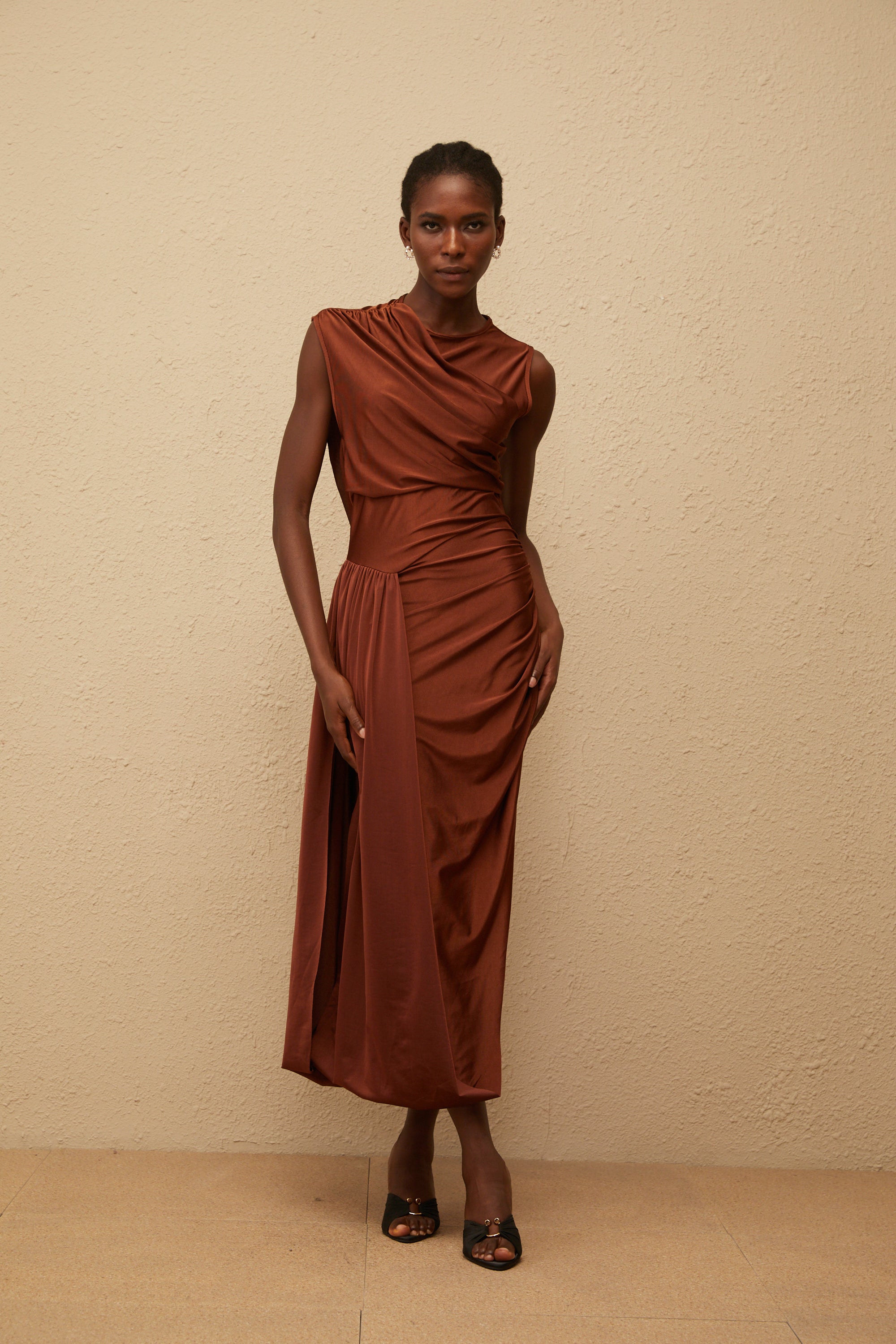 Reine Brown Asymmetrical Ruched Maxi Dress (Final Sale)