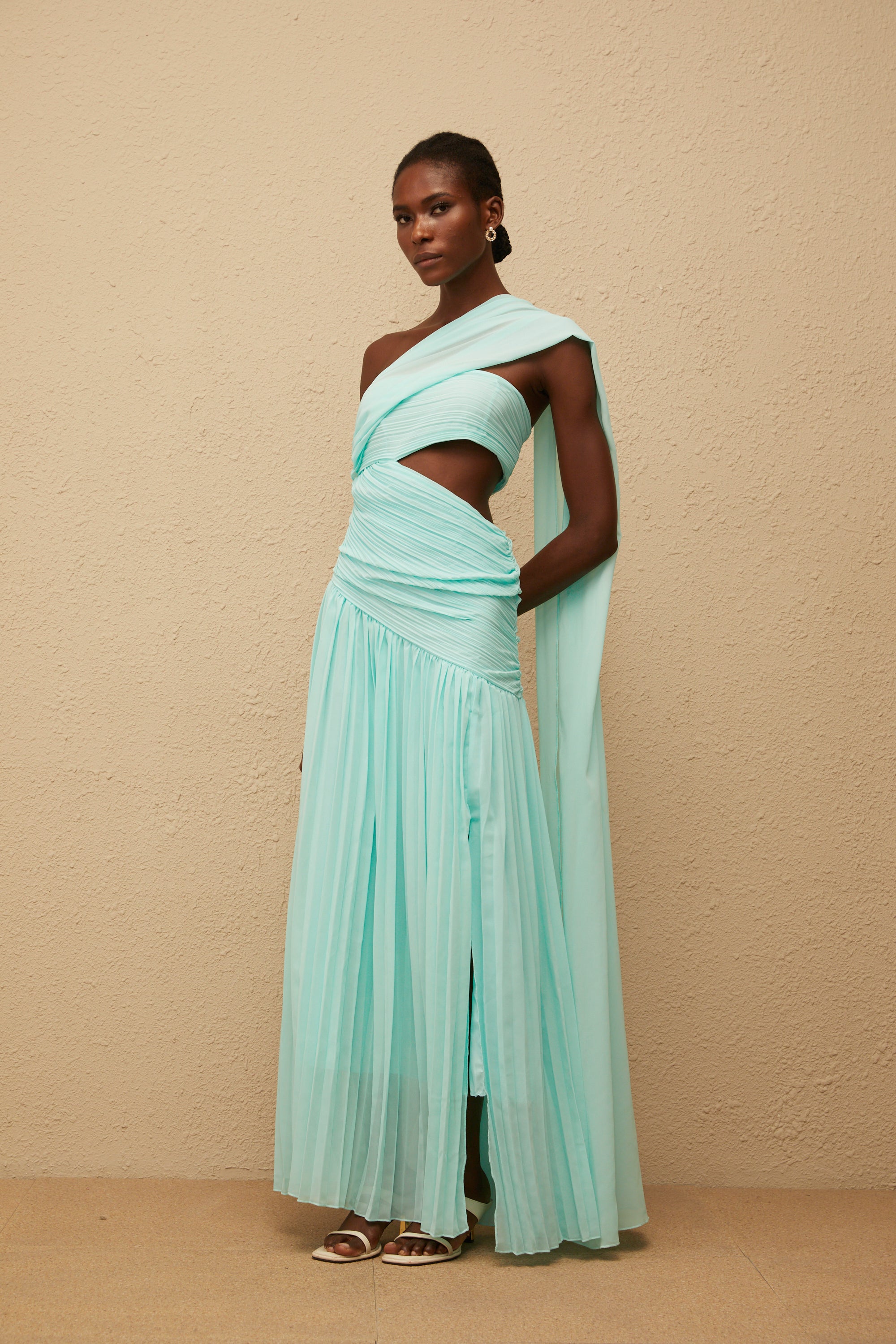 Katerina Mint Green Asymmetrical Pleated Maxi Dress (Final Sale-US Only)