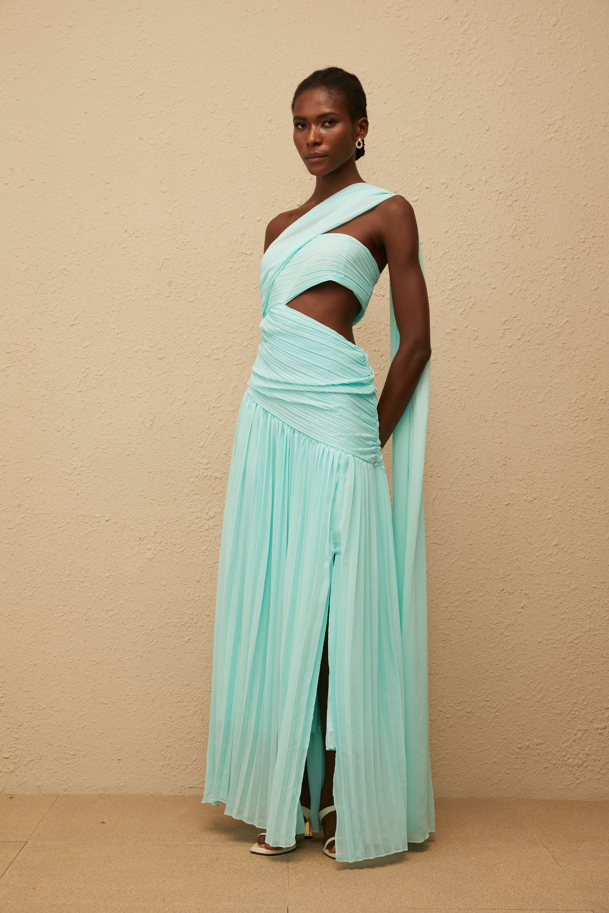 Katerina Mint Green Asymmetrical Pleated Maxi Dress (Final Sale-US Only)