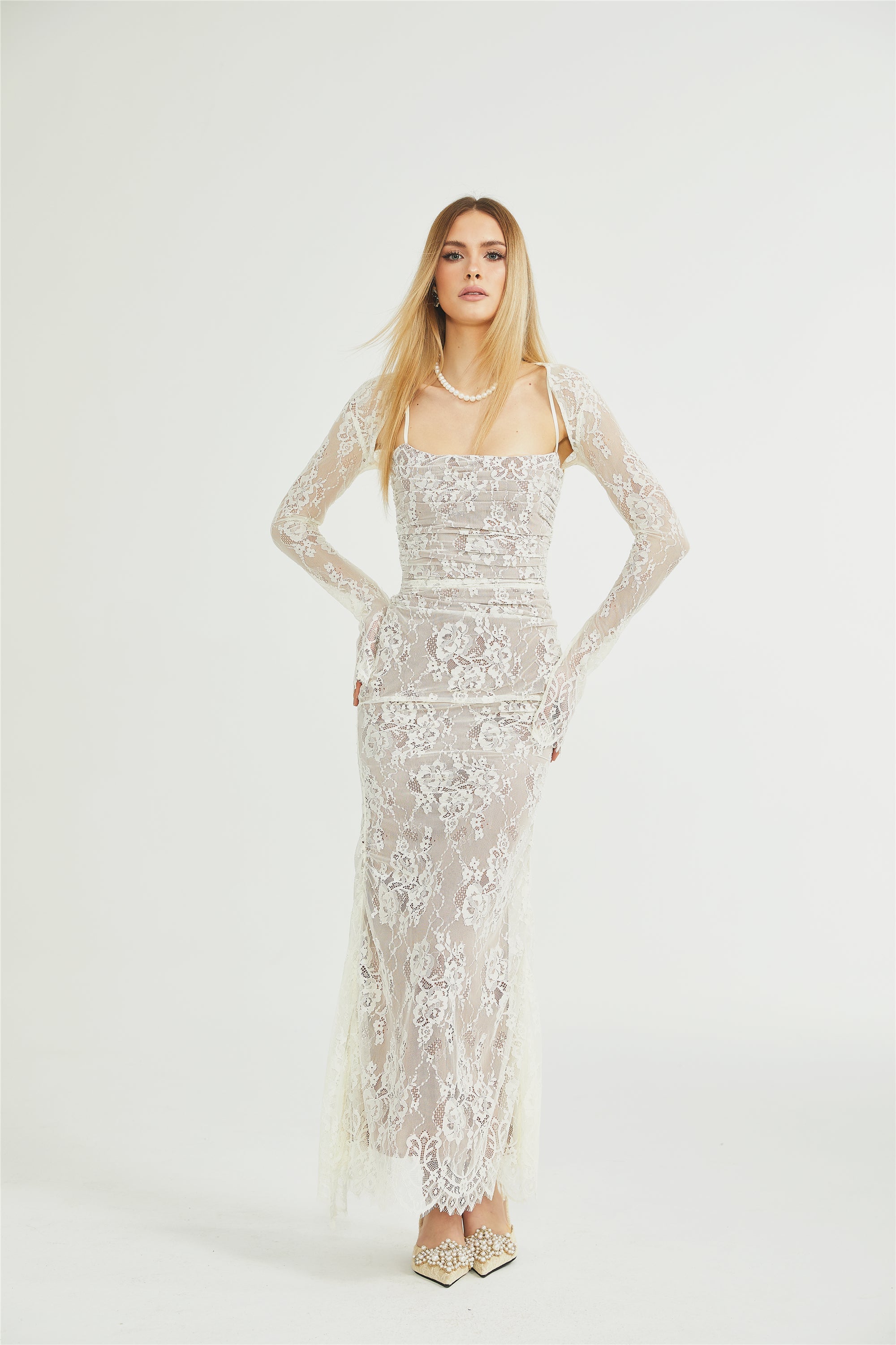 Valérie white floral lace mesh maxi dress (Final Sale)