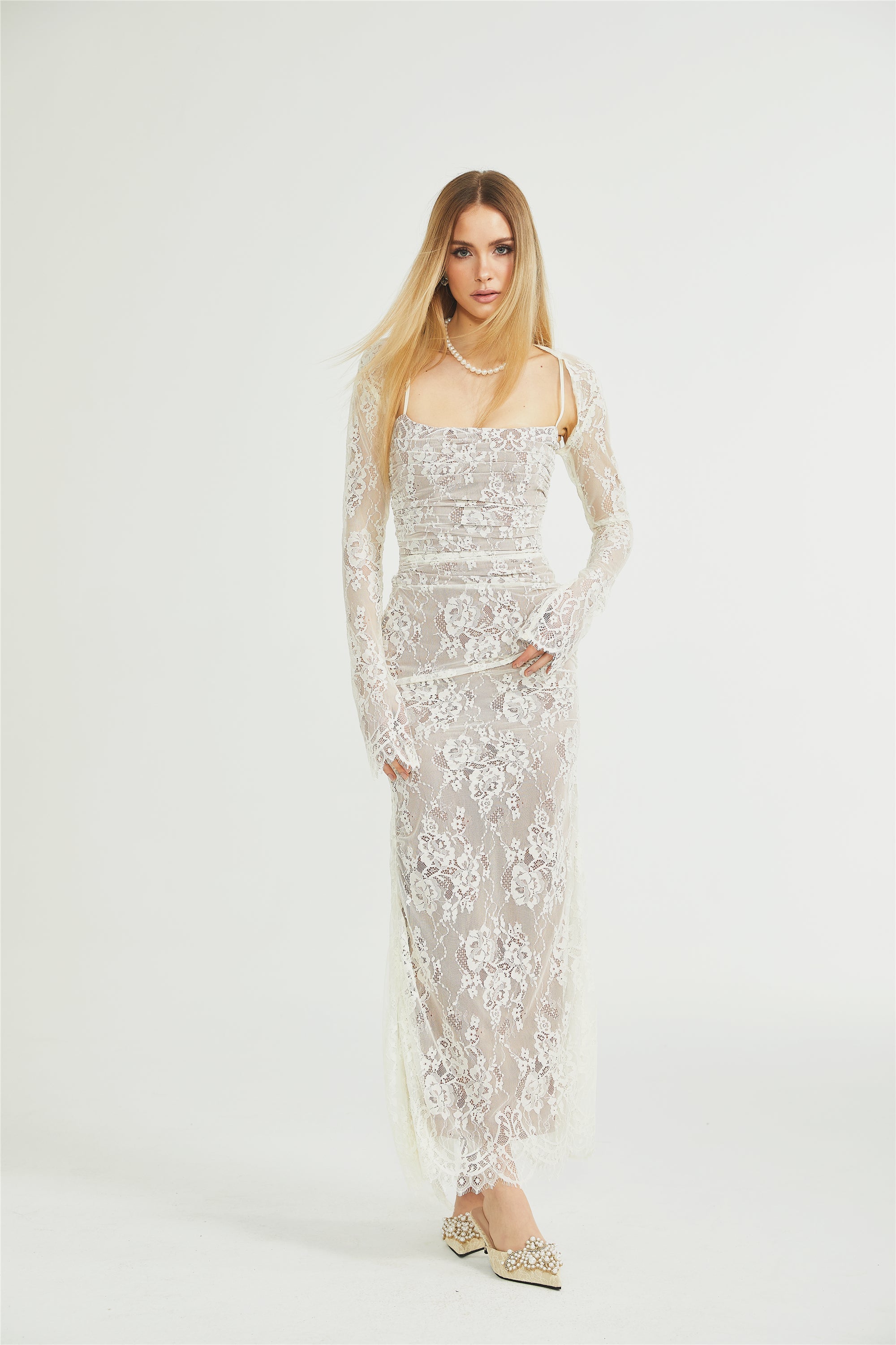 Valérie white floral lace mesh maxi dress (Final Sale)
