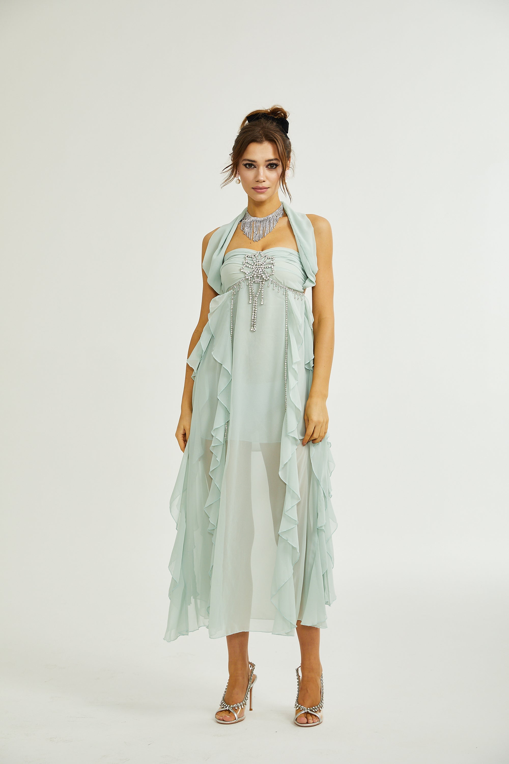 Salilah embellished ruffled midi dress（Final Sale）