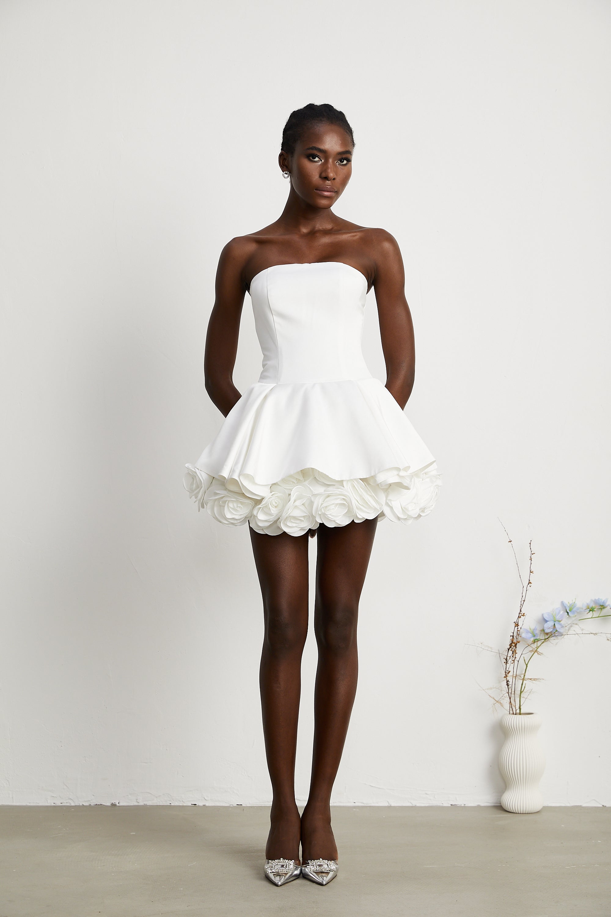 Lucie white petal-layered strapless corset mini dress (Final Sale)