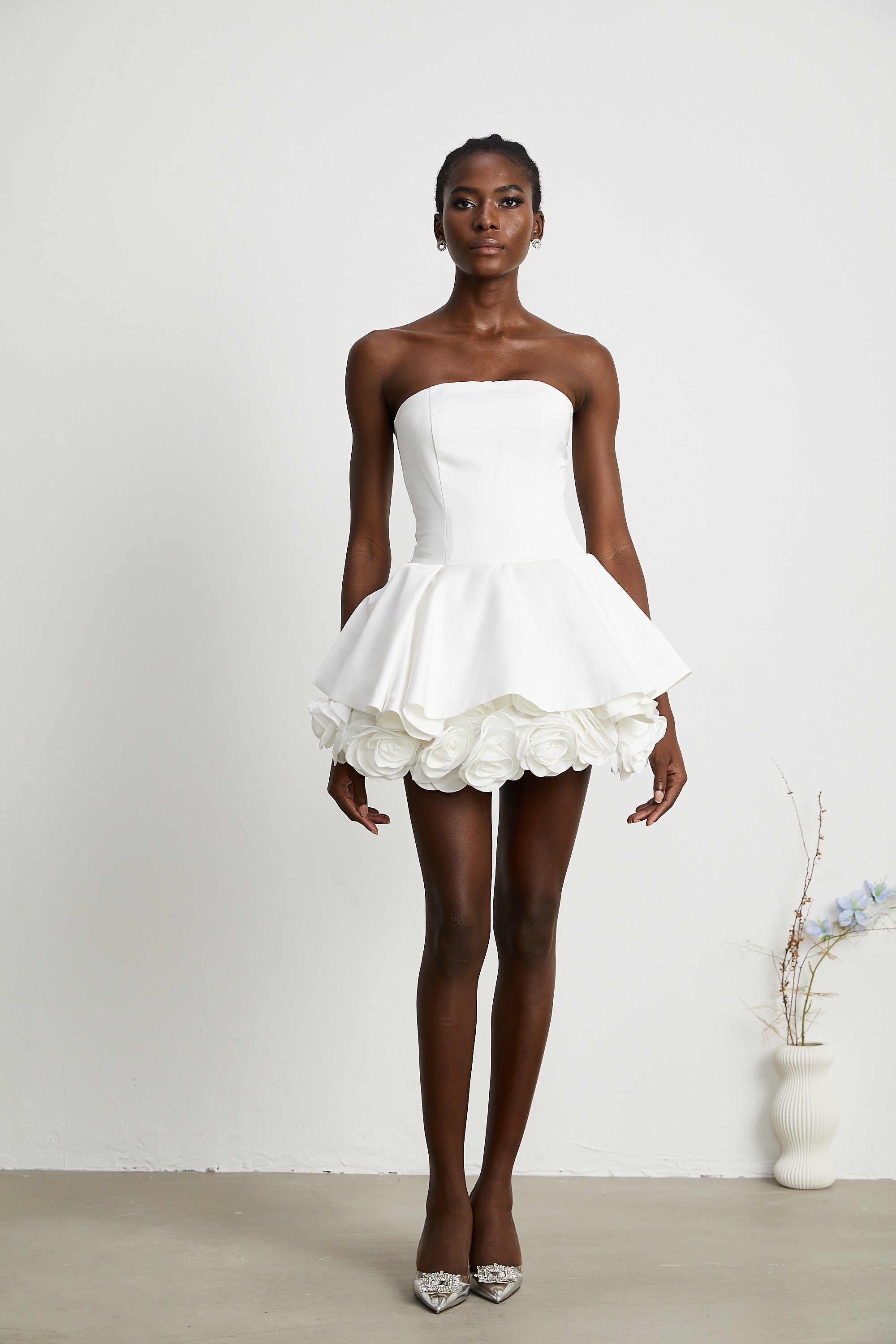 Lucie white petal-layered strapless corset mini dress (Final Sale)