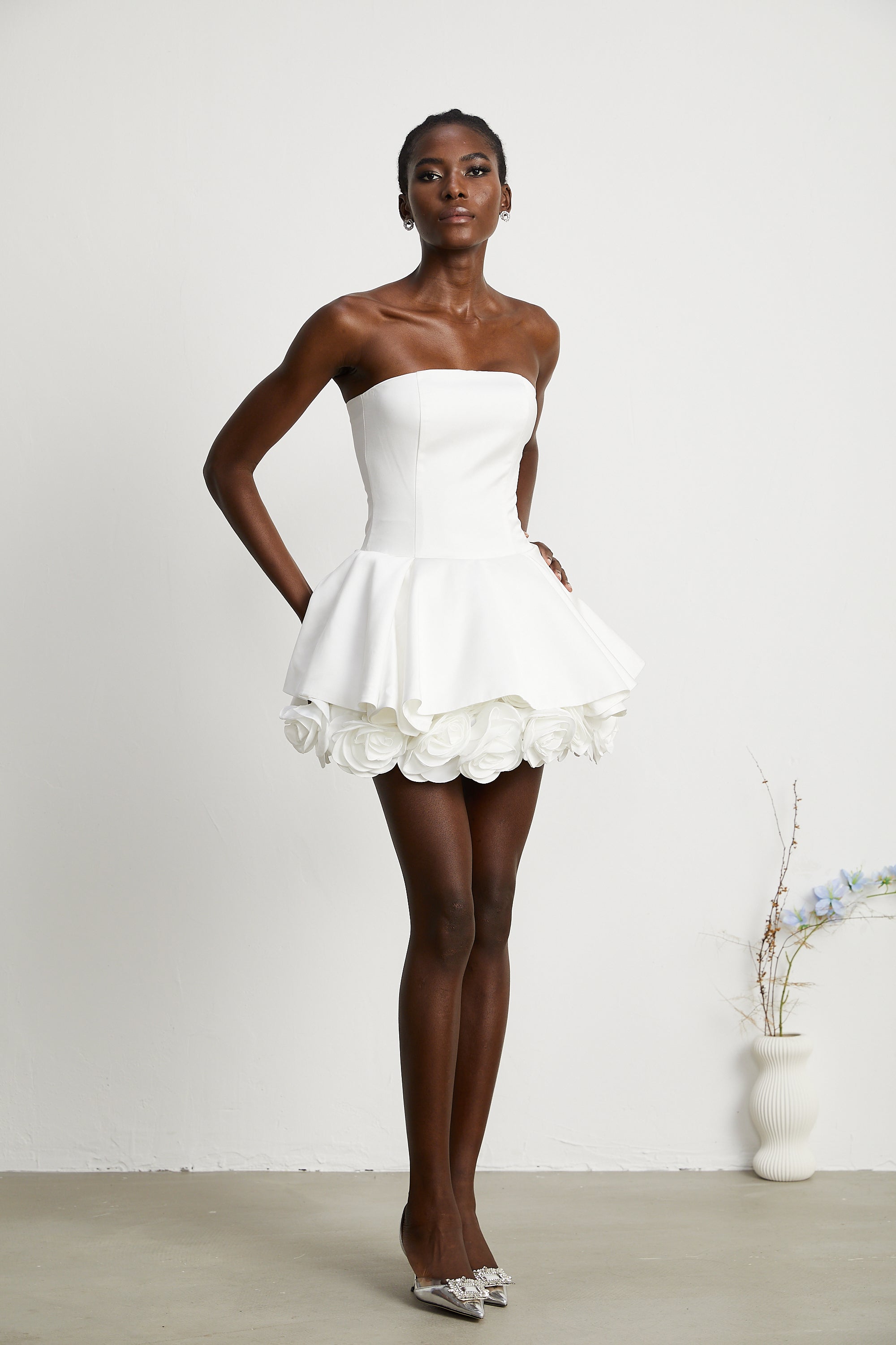 Lucie white petal-layered strapless corset mini dress (Final Sale)
