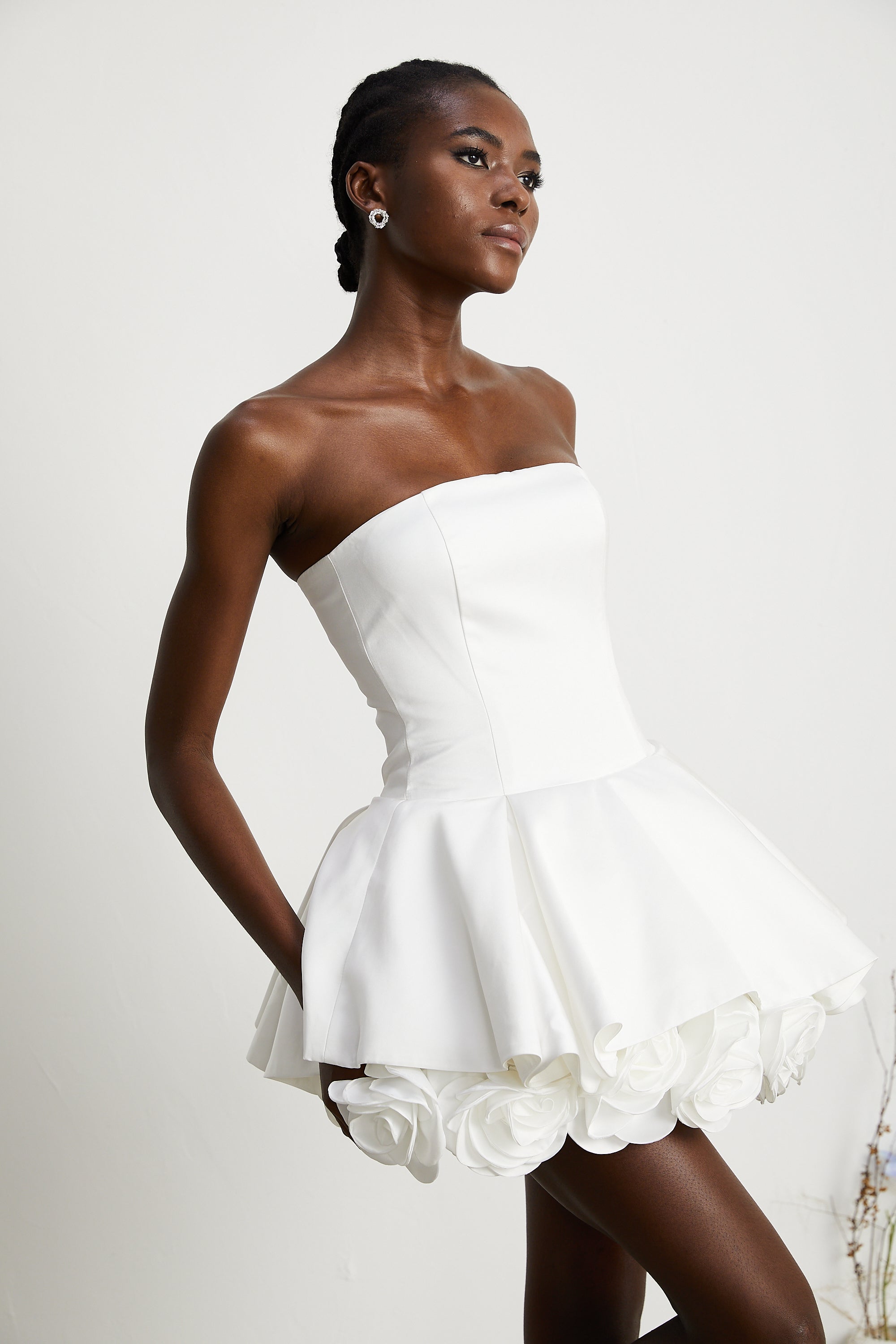 Lucie white petal-layered strapless corset mini dress (Final Sale)