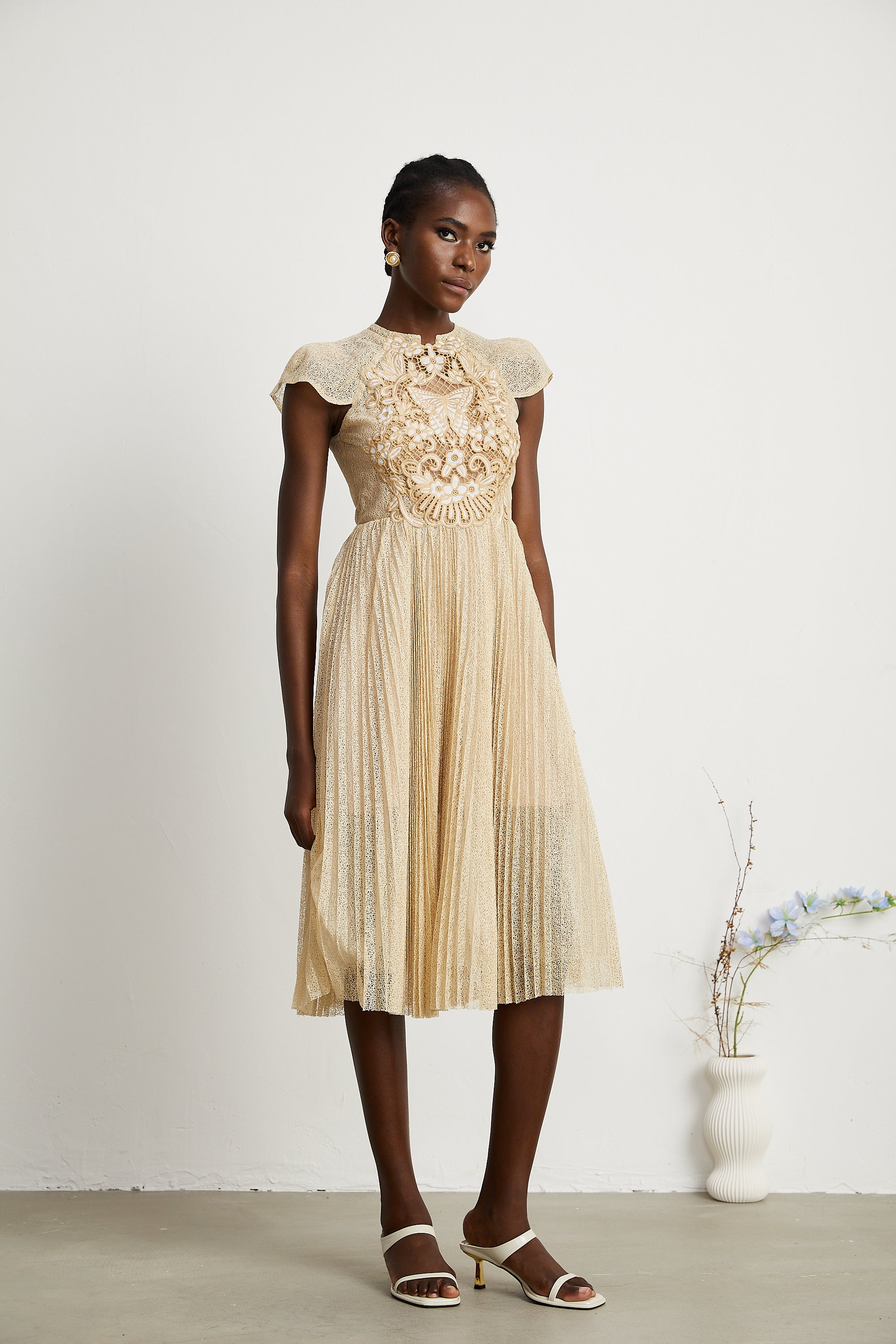 Nerissa embroidered pleated midi dress (Final Sale-US Only)