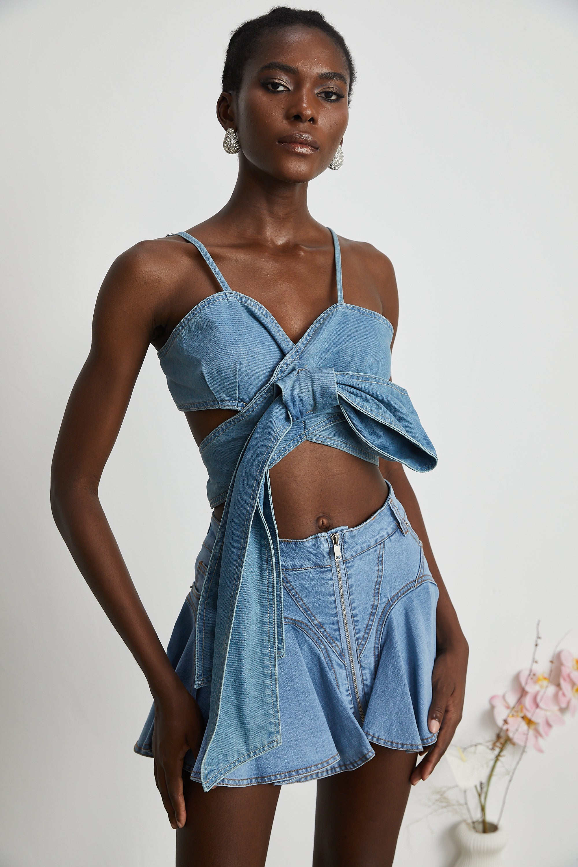 Aurélie bow-detail denim top