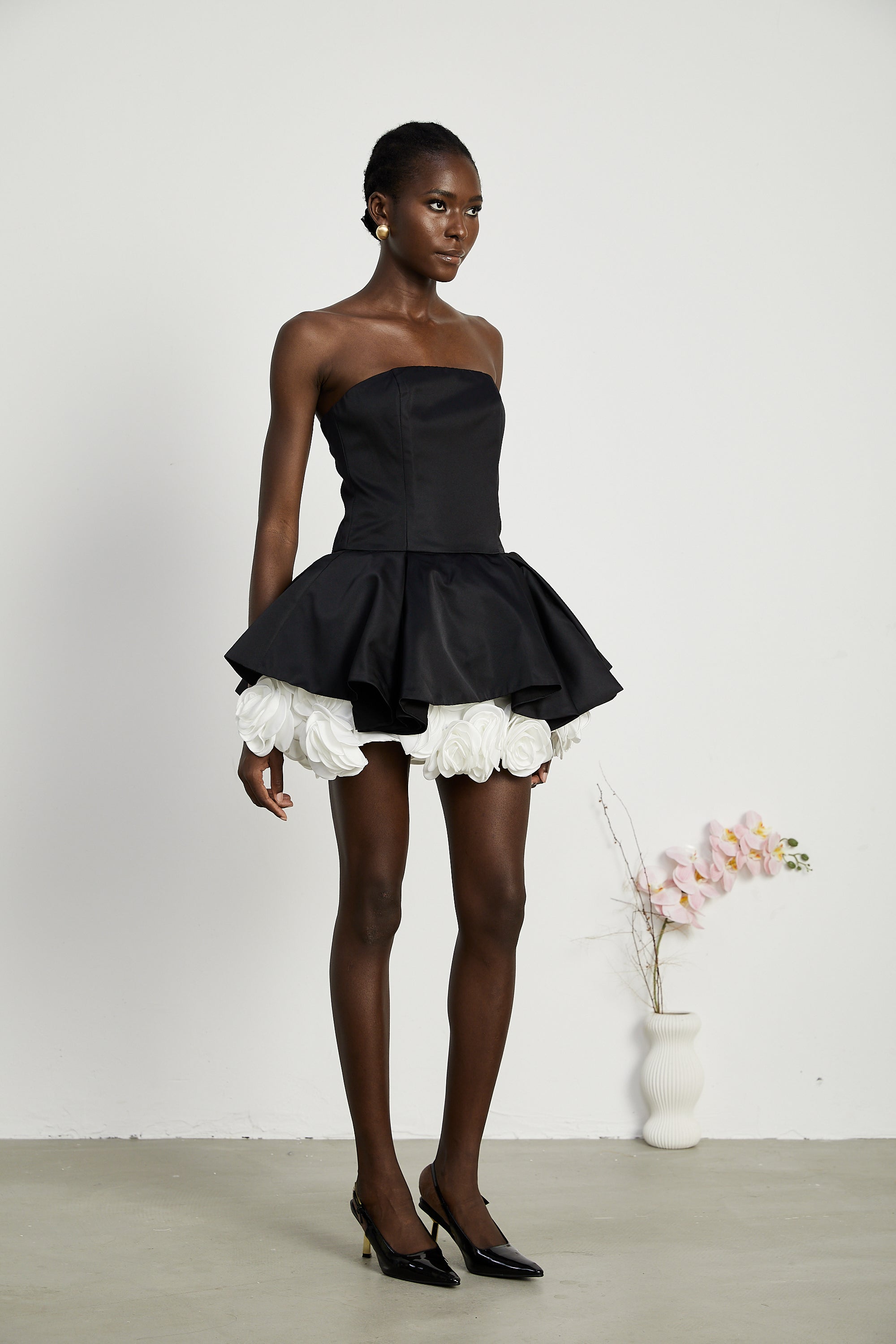 Lucie black petal-layered strapless corset mini dress (Final Sale)