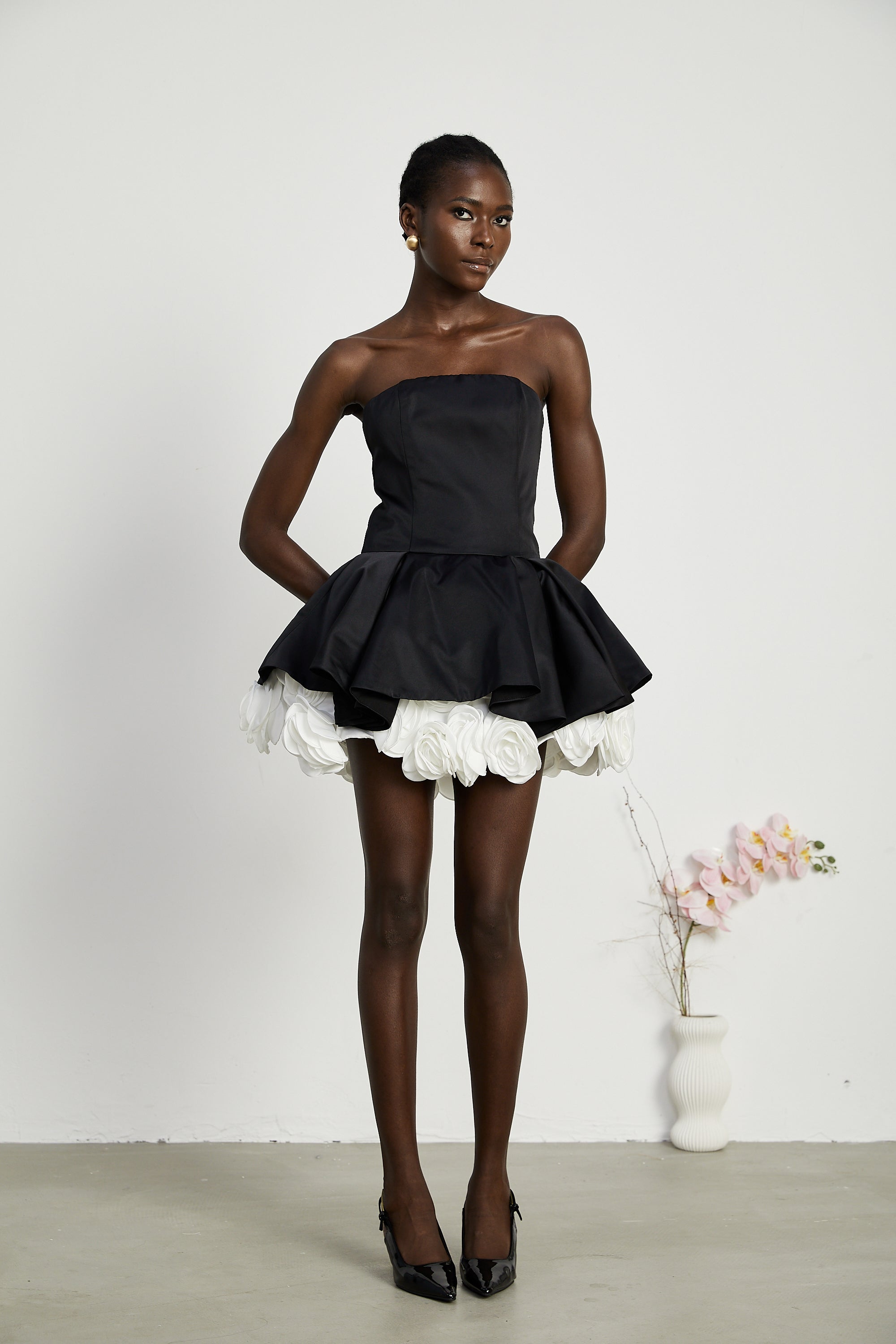 Lucie black petal-layered strapless corset mini dress (Final Sale)