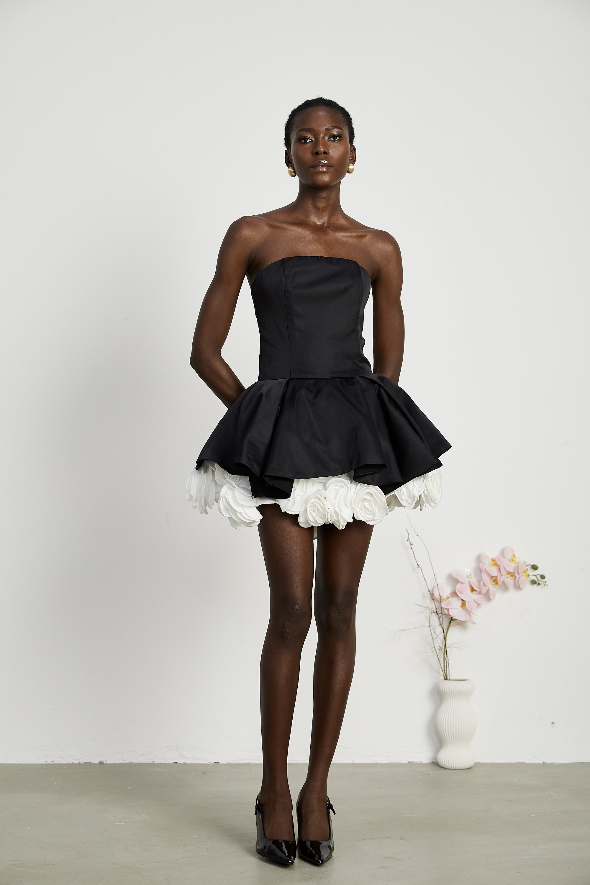 Lucie black petal-layered strapless corset mini dress (Final Sale)