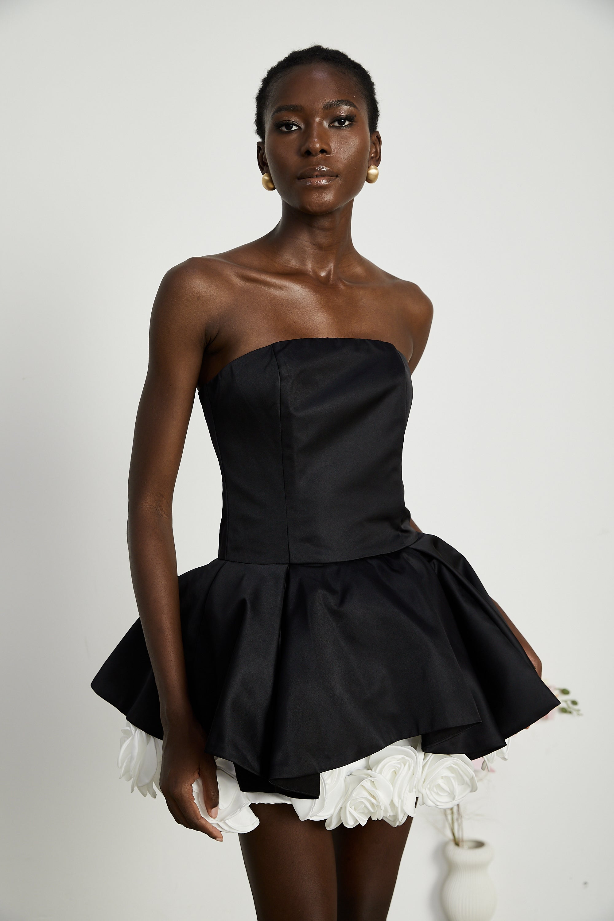 Lucie black petal-layered strapless corset mini dress (Final Sale)