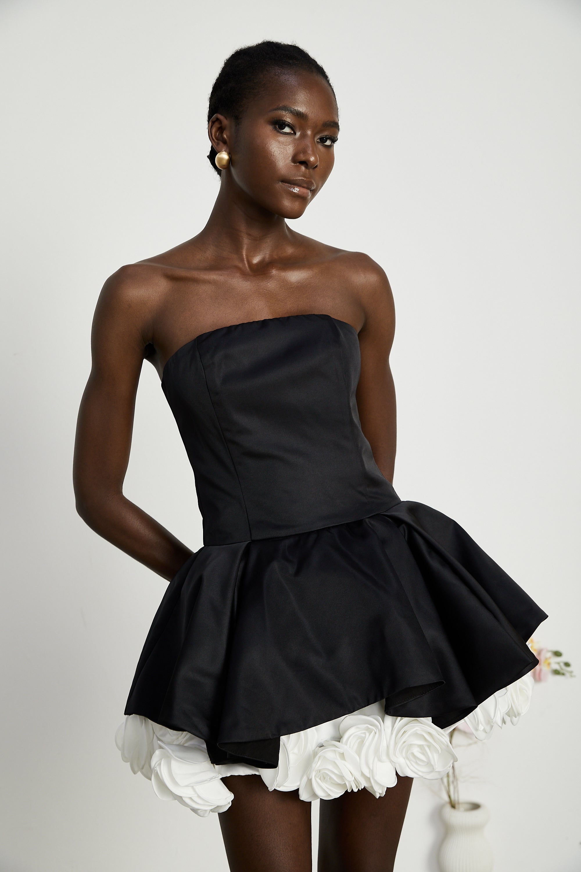 Lucie black petal-layered strapless corset mini dress (Final Sale)