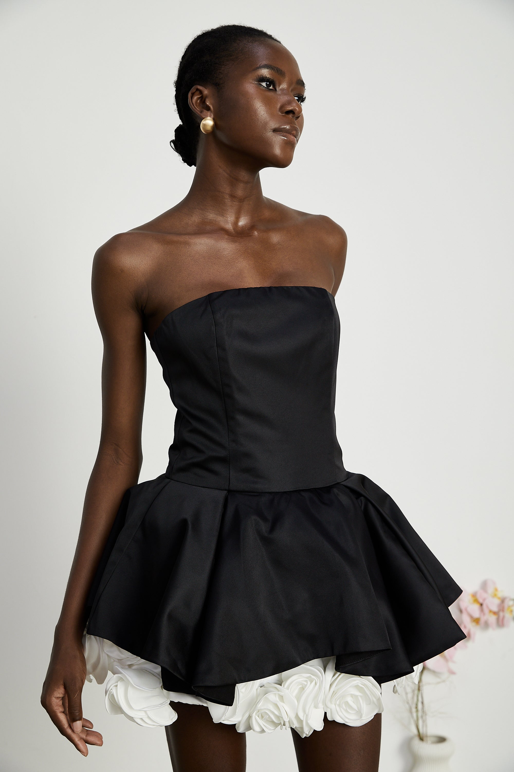 Lucie black petal-layered strapless corset mini dress (Final Sale)