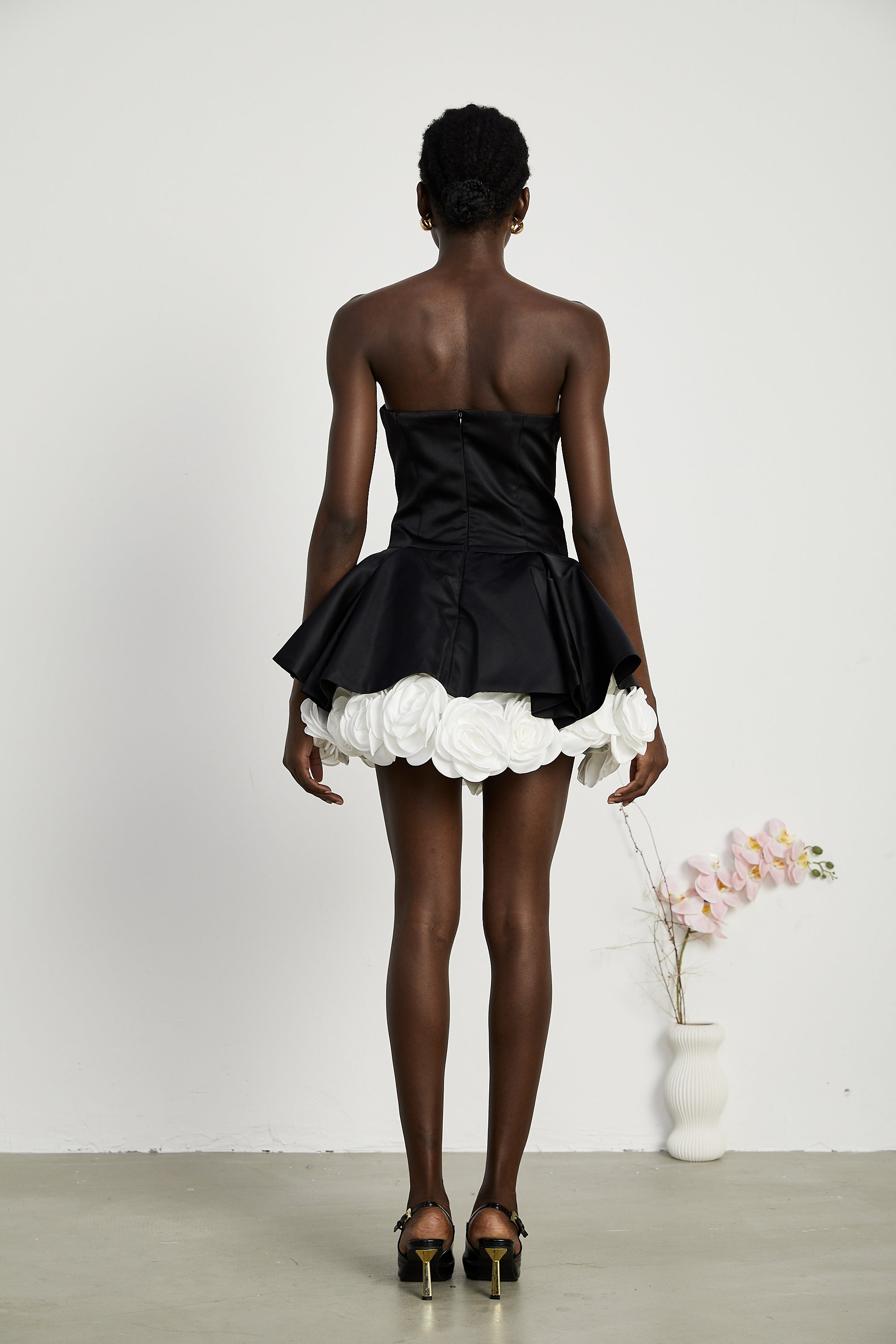Lucie black petal-layered strapless corset mini dress (Final Sale)