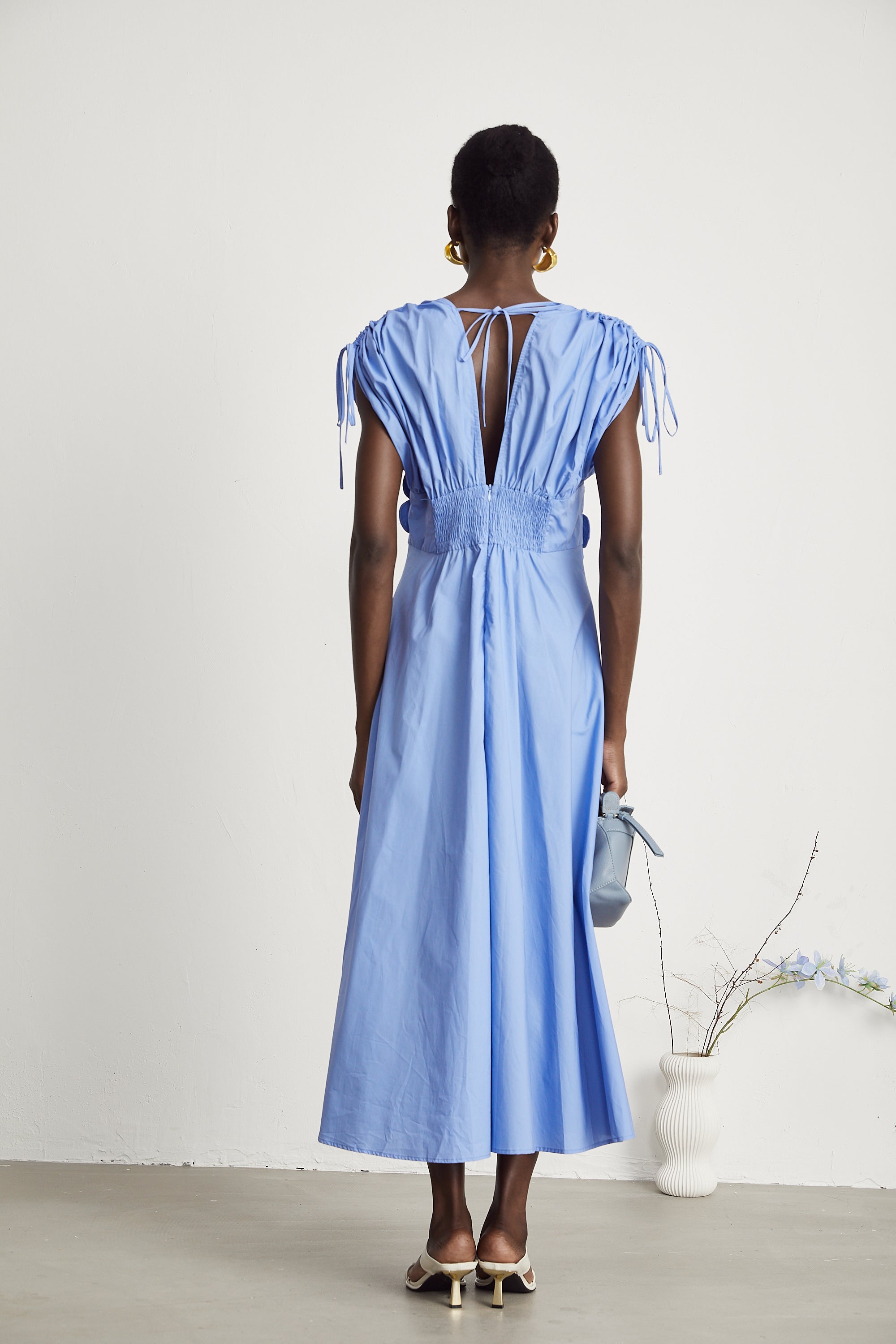 Emma petal-detail drawstring maxi dress in Blue (Final Sale)