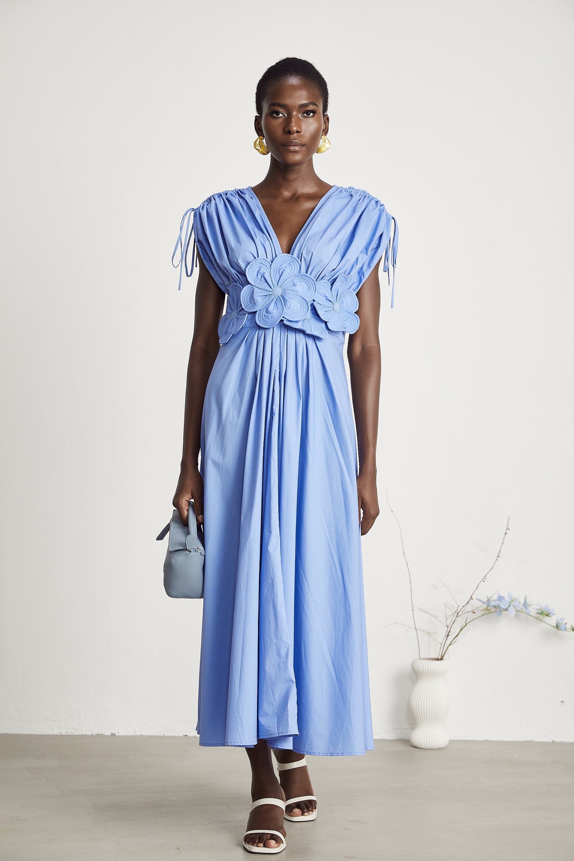 Emma petal-detail drawstring maxi dress in Blue (Final Sale)