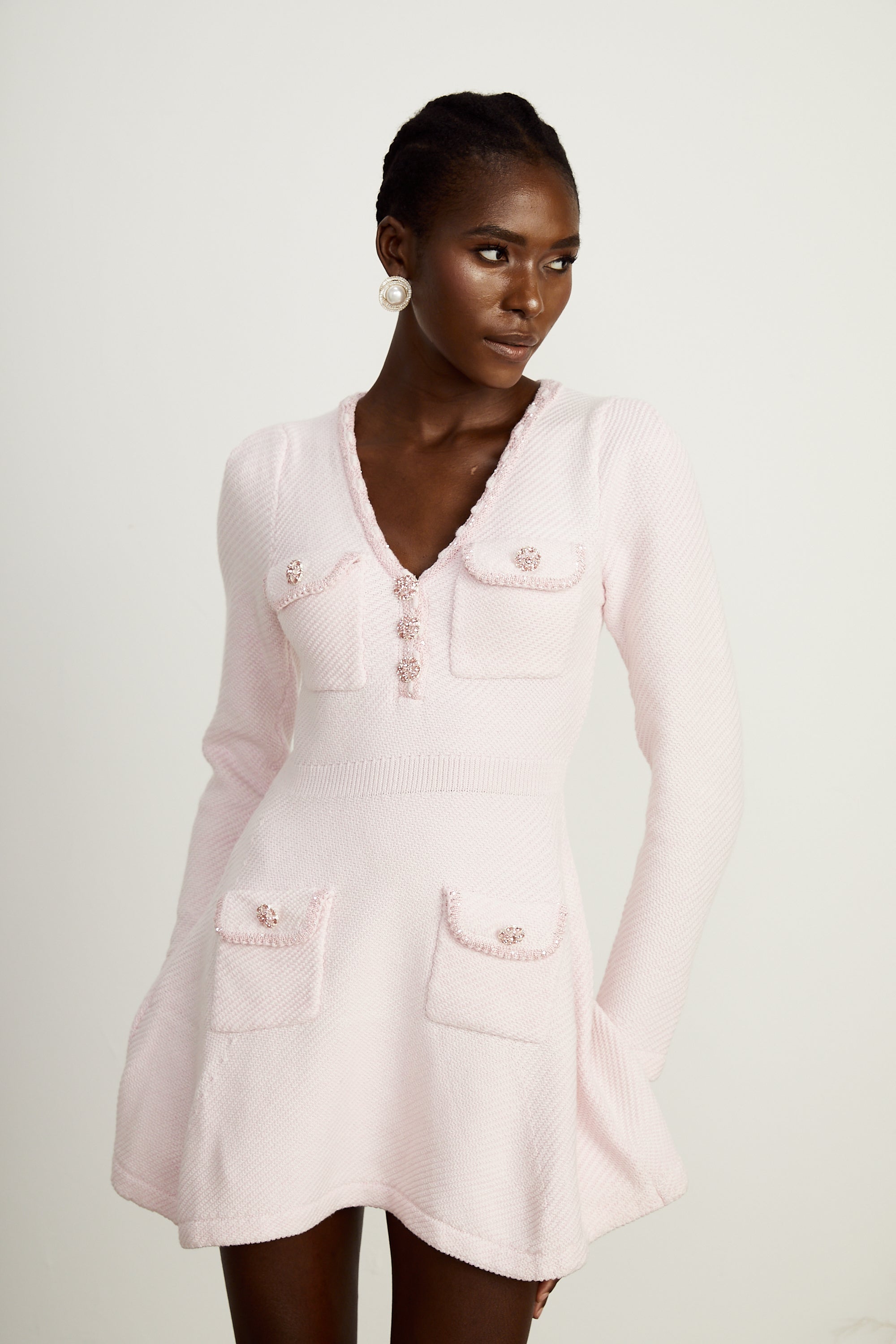 Karine pink V-neck knitted mini dress (Final Sale)