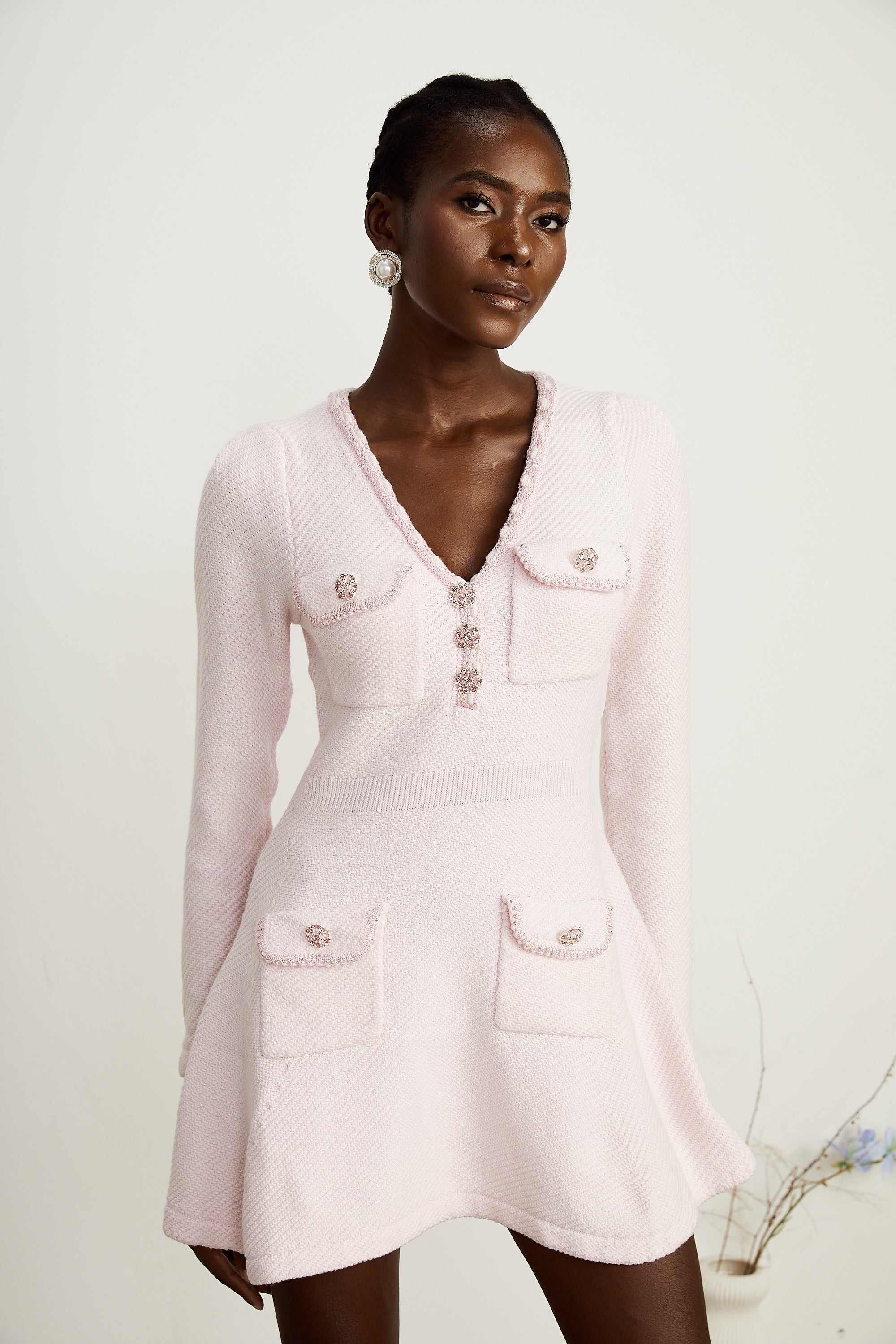 Karine pink V-neck knitted mini dress (Final Sale)