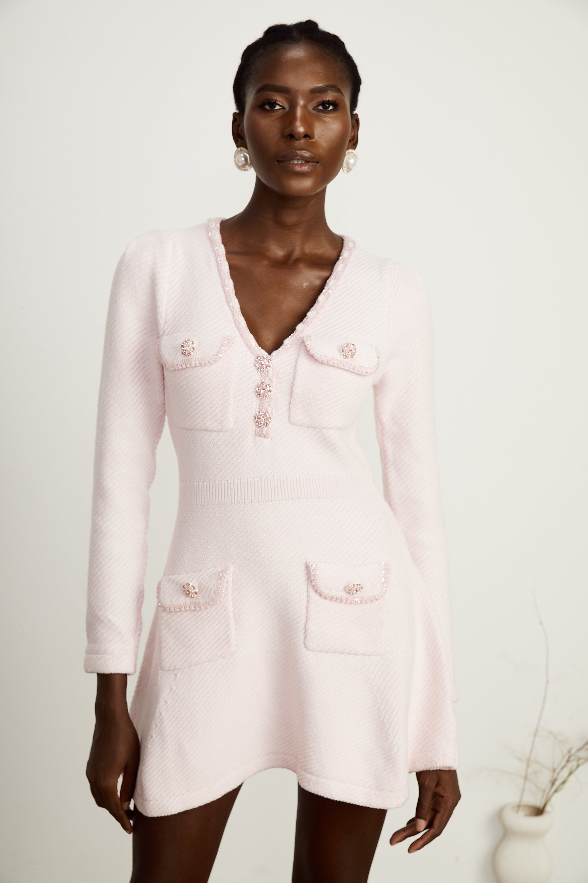 Karine pink V-neck knitted mini dress (Final Sale)