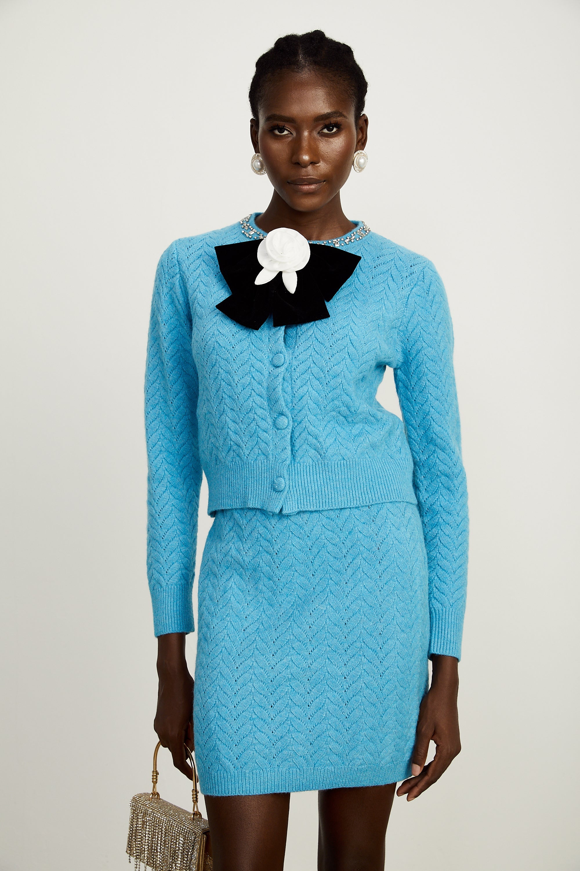 Aliénor blue knitted embellished cardigan & skirt matching set (Final Sale-US Only)