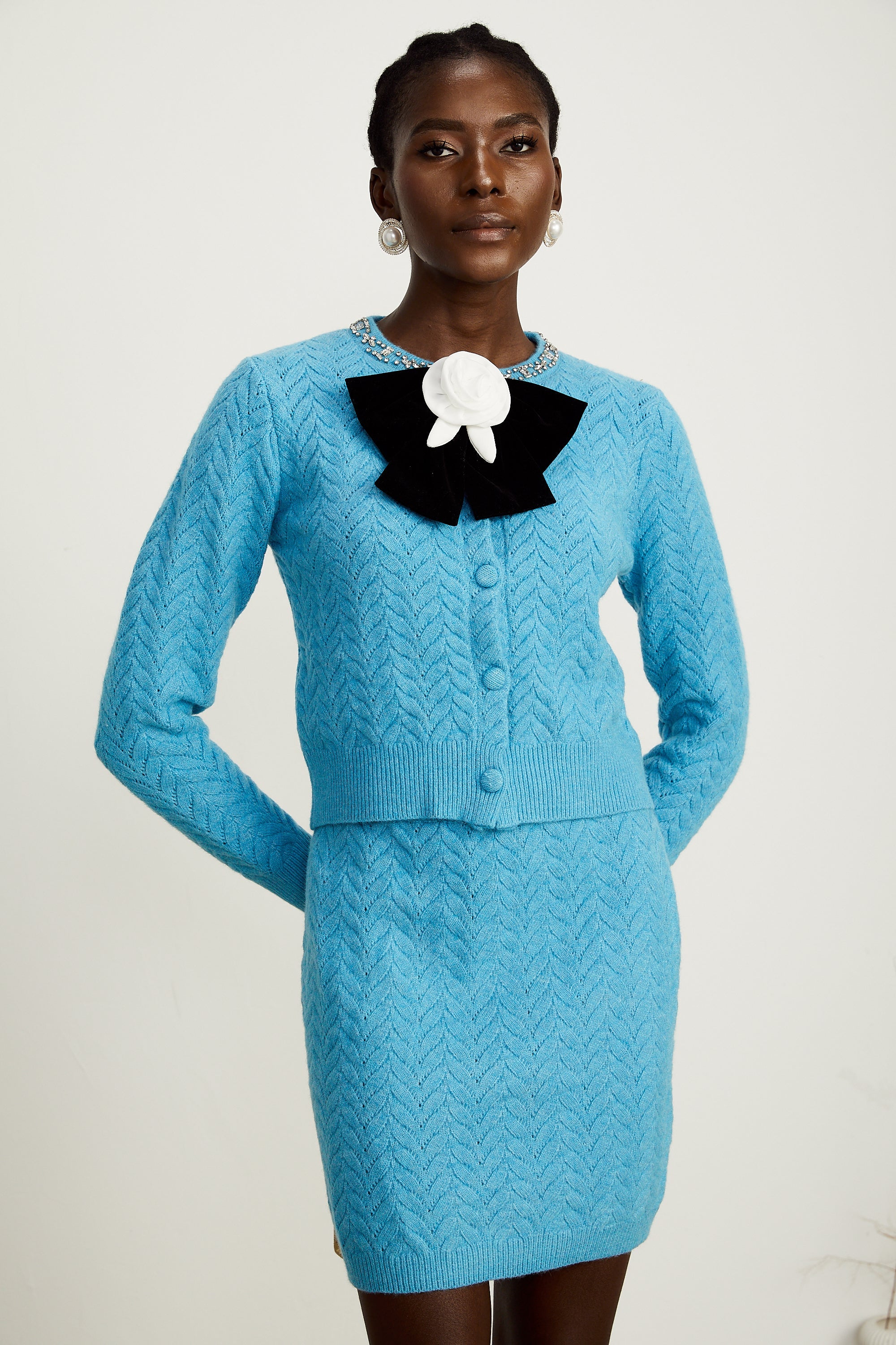 Aliénor blue knitted embellished cardigan & skirt matching set (Final Sale-US Only)