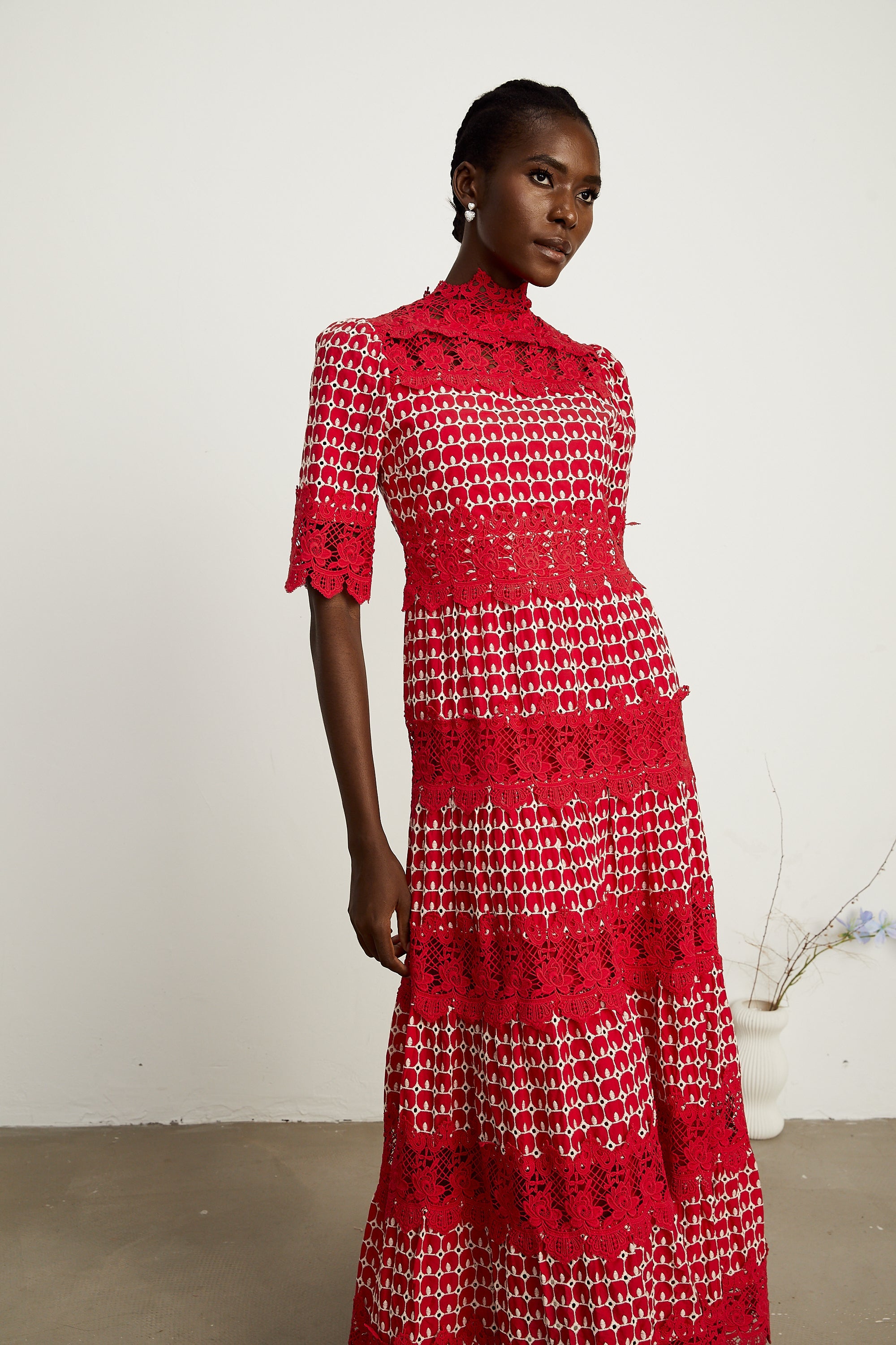 Chantal red scallop-pattern lace-panel maxi dress (Final Sale-US Only)