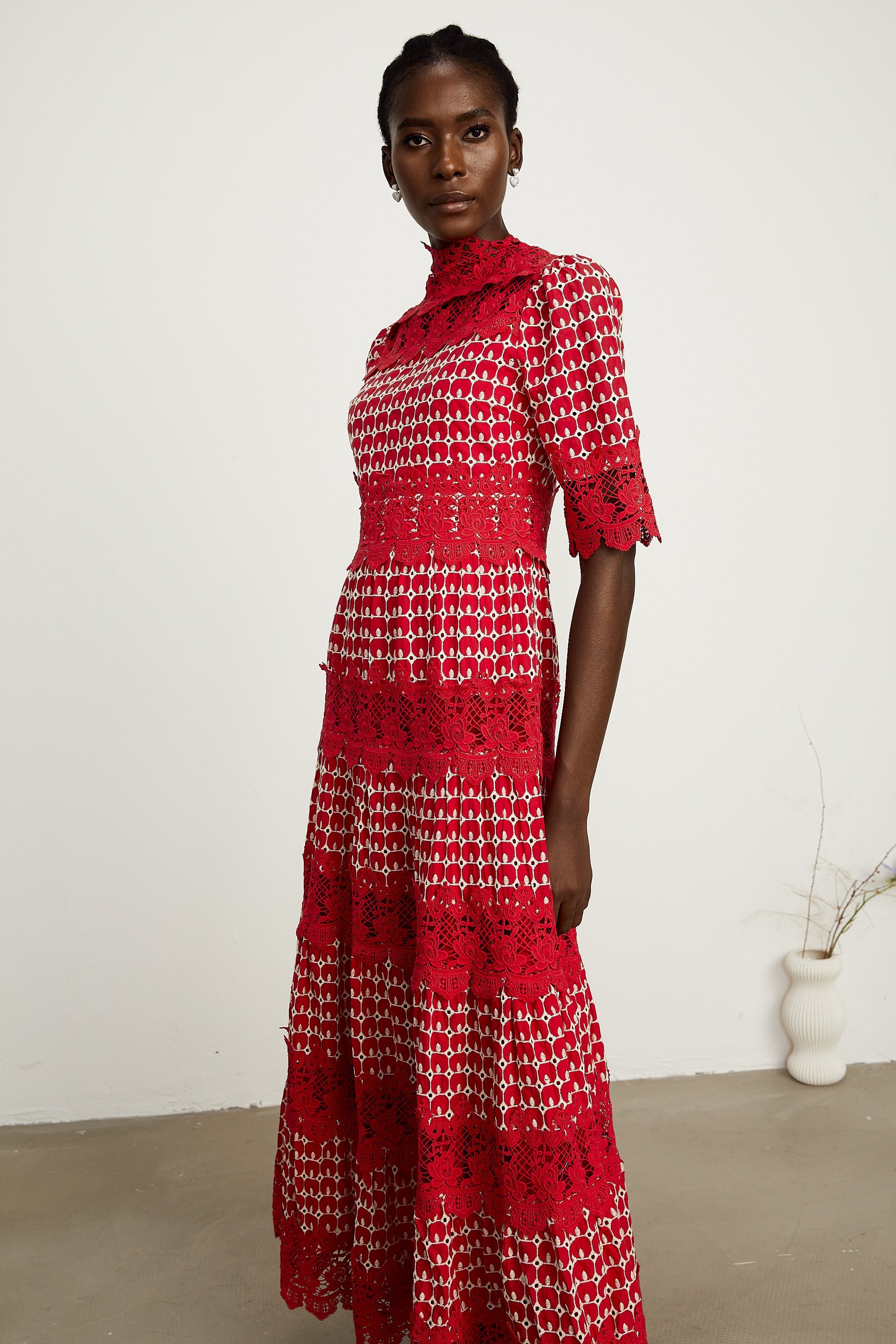 Chantal red scallop-pattern lace-panel maxi dress (Final Sale-US Only)