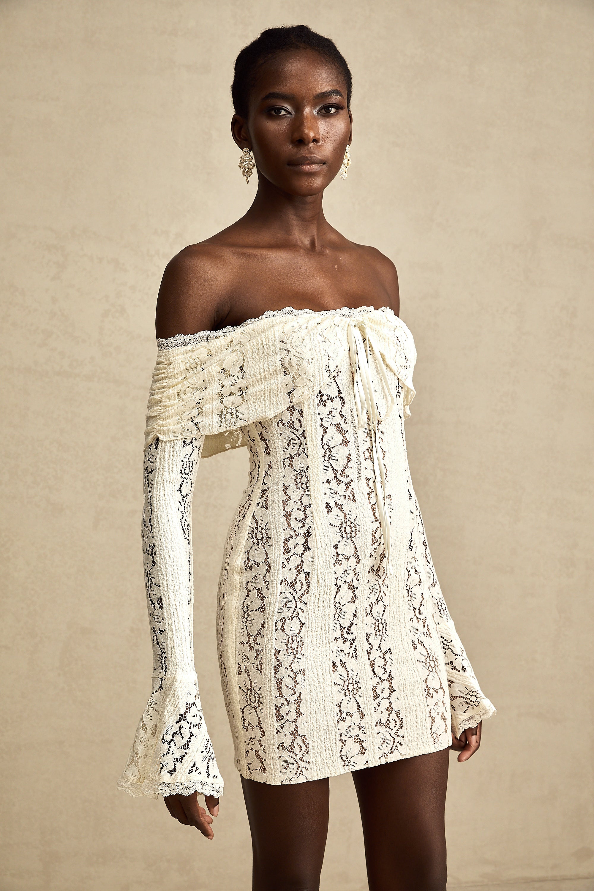 Émeline floral lace flared-cuff mini dress in Neutrals (Final Sale-US Only)