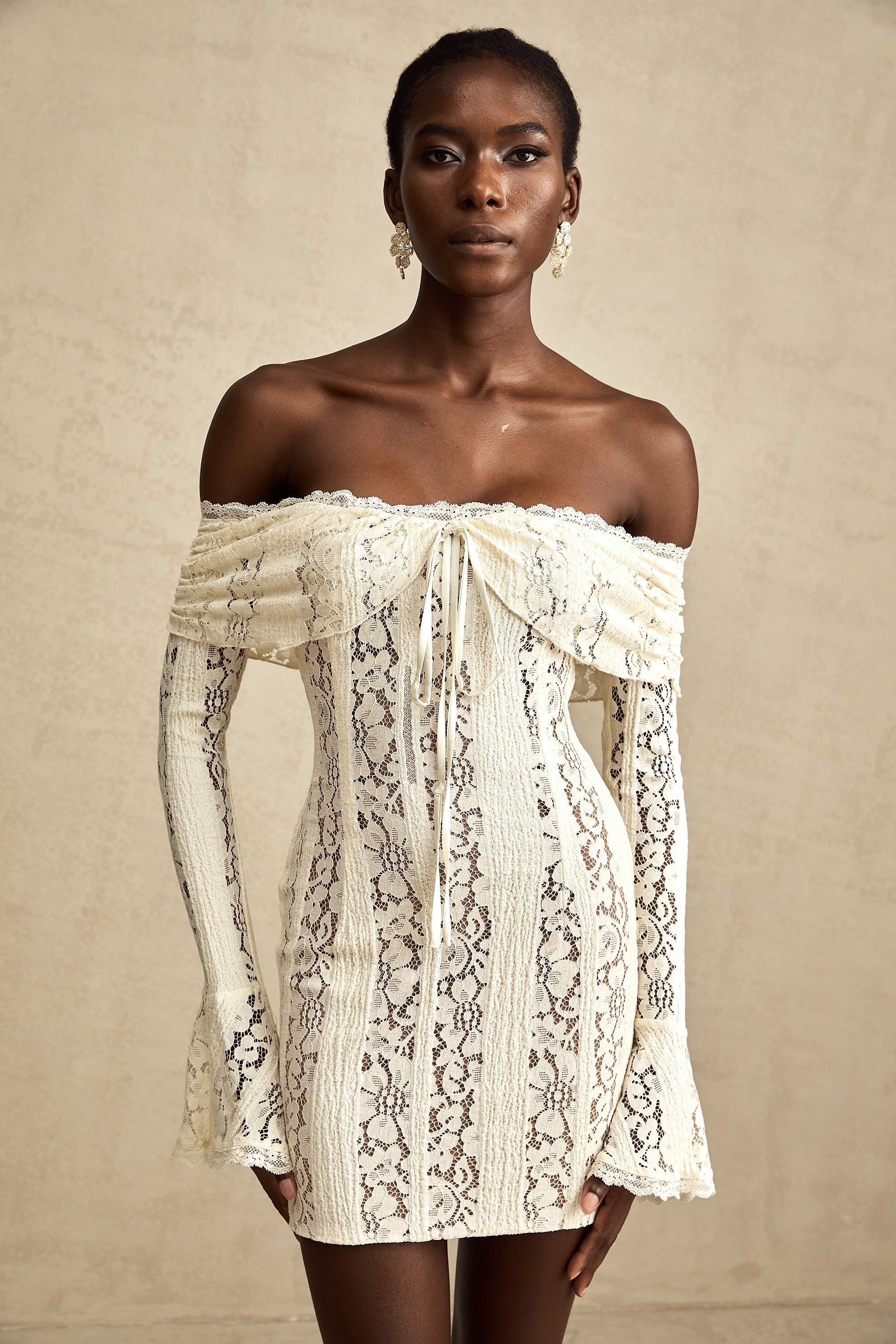Émeline floral lace flared-cuff mini dress in Neutrals (Final Sale-US Only)