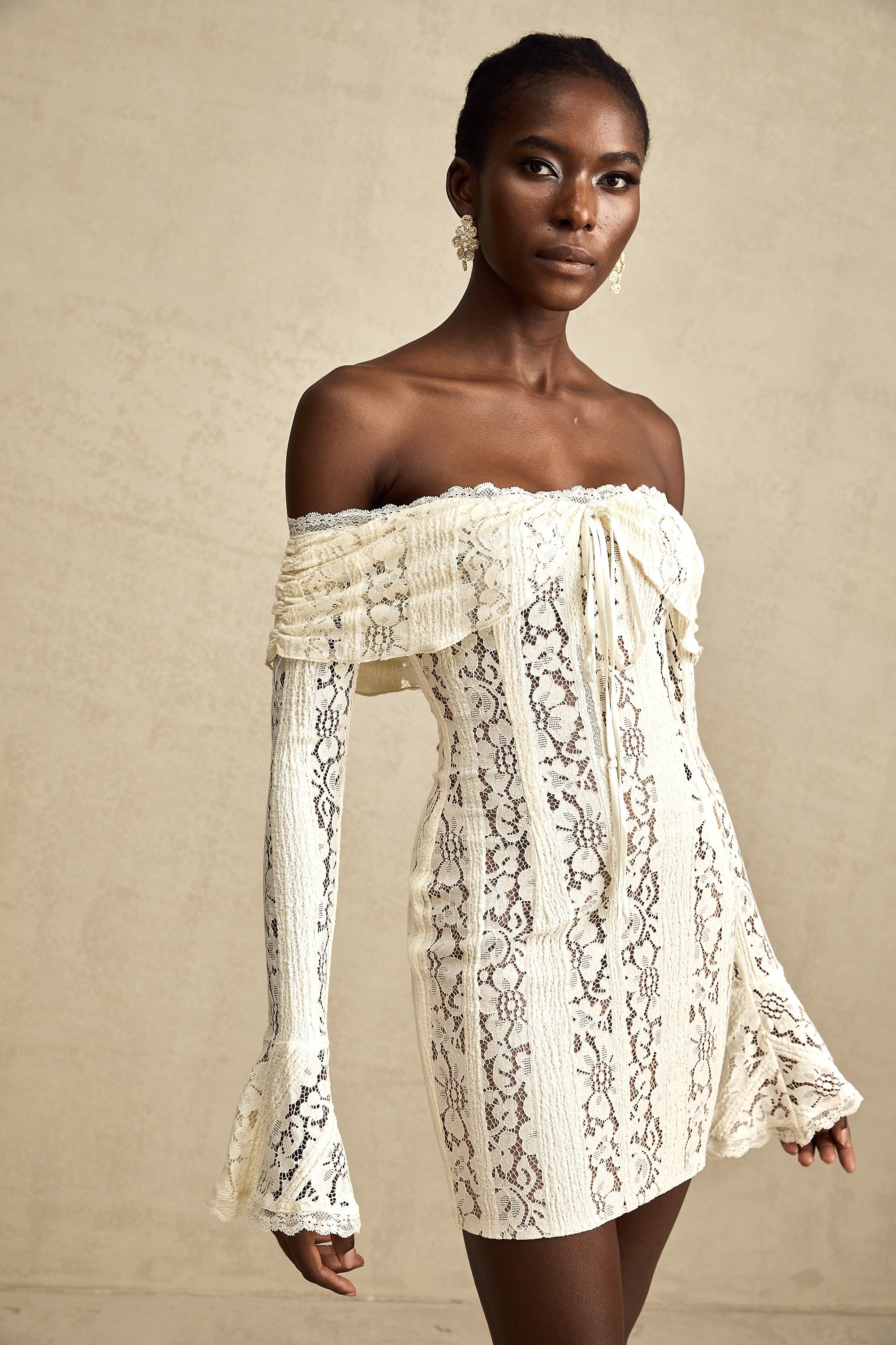 Émeline floral lace flared-cuff mini dress in Neutrals (Final Sale-US Only)