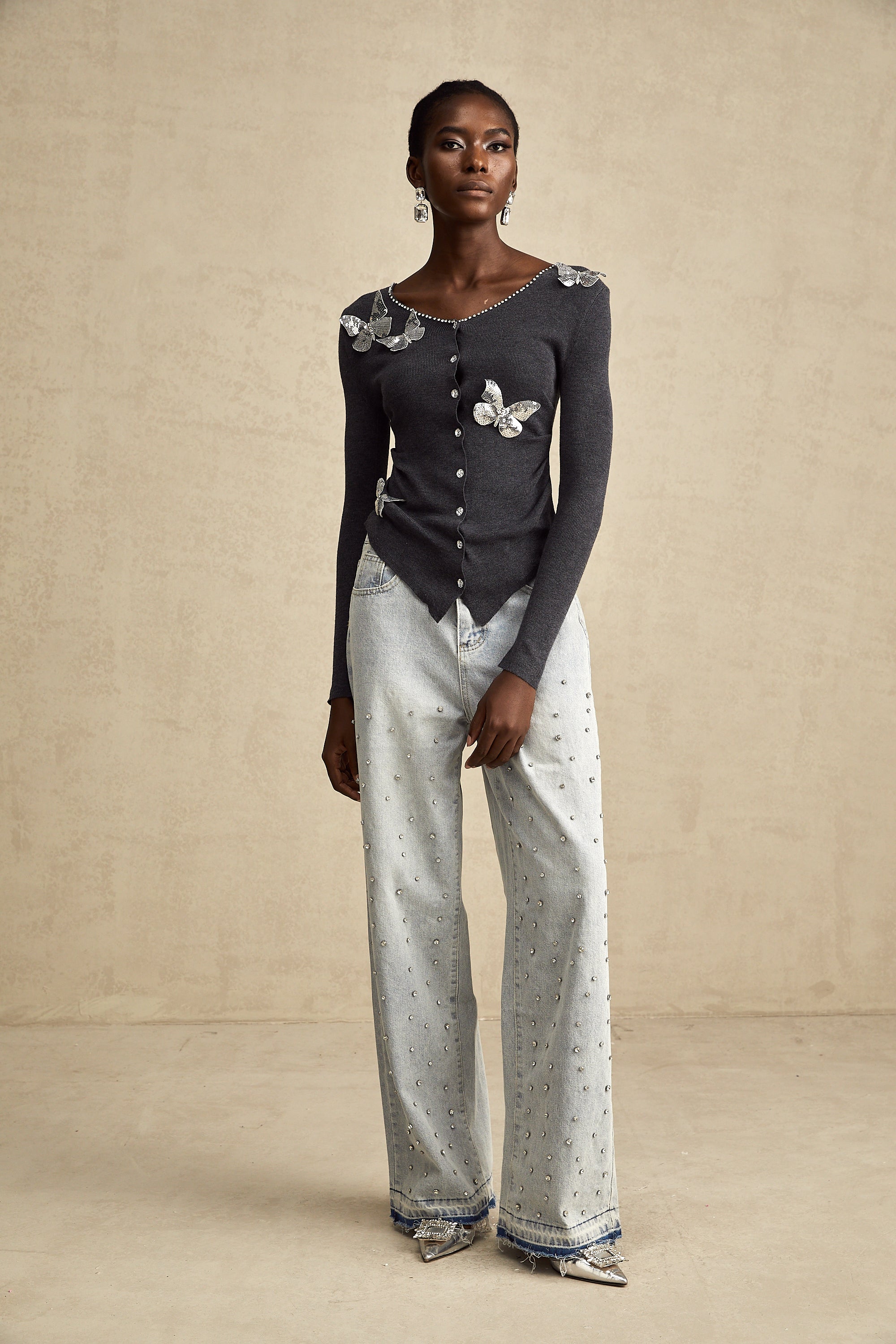 Anastasie grey sequined butterfly-motif cardigan (Final Sale)