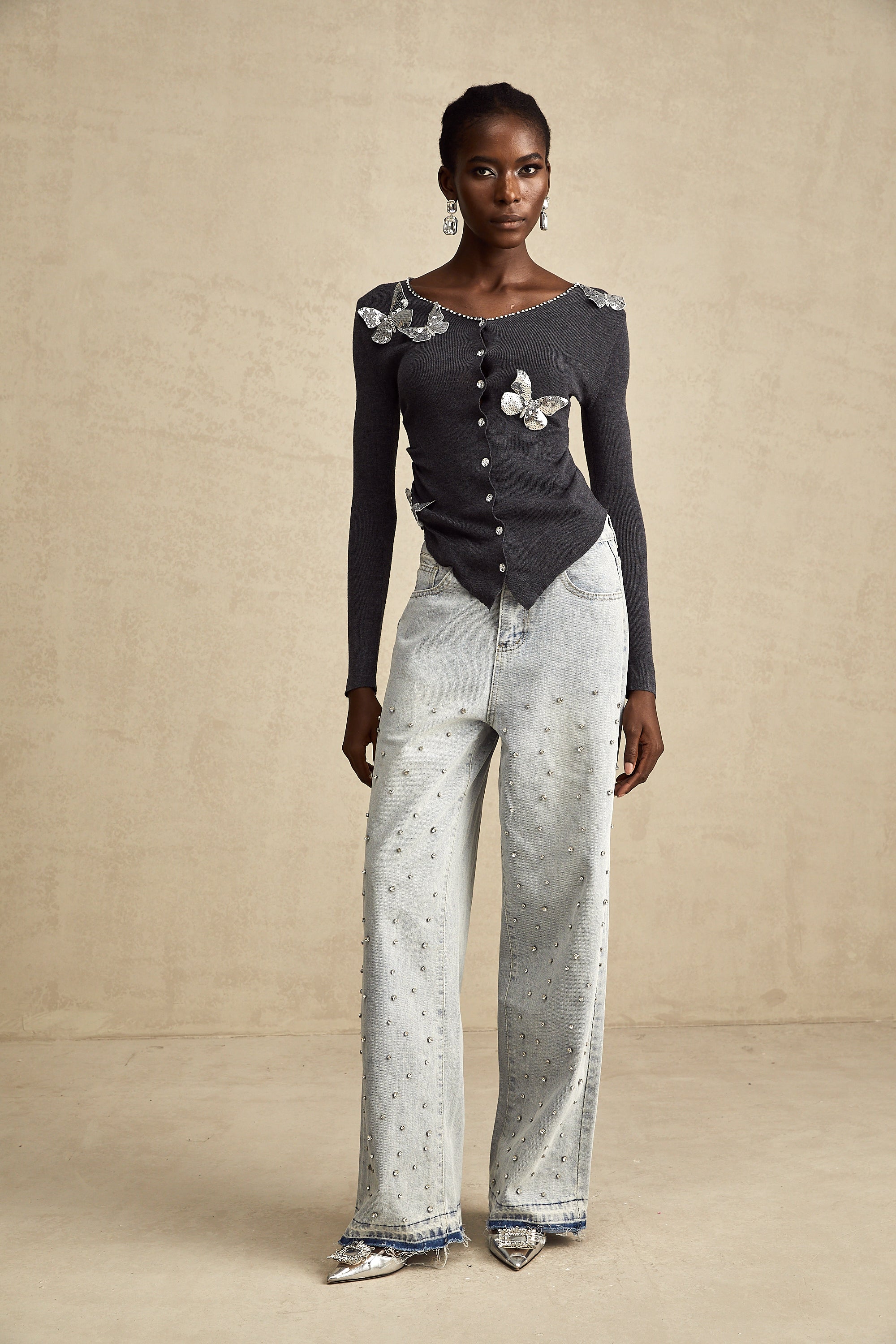 Anastasie grey sequined butterfly-motif cardigan (Final Sale)