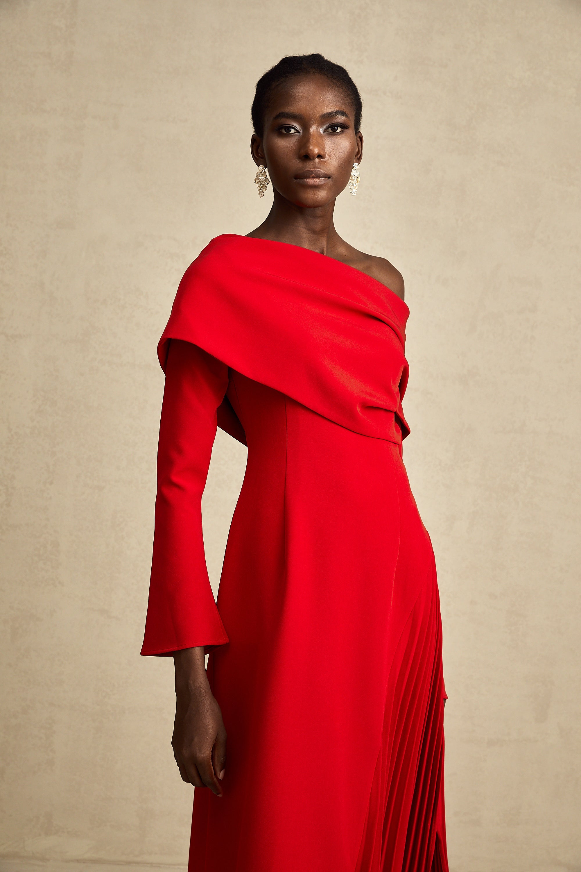 Valentine Red Pleated Maxi Dress with High Slit (Final Sale-US Only)