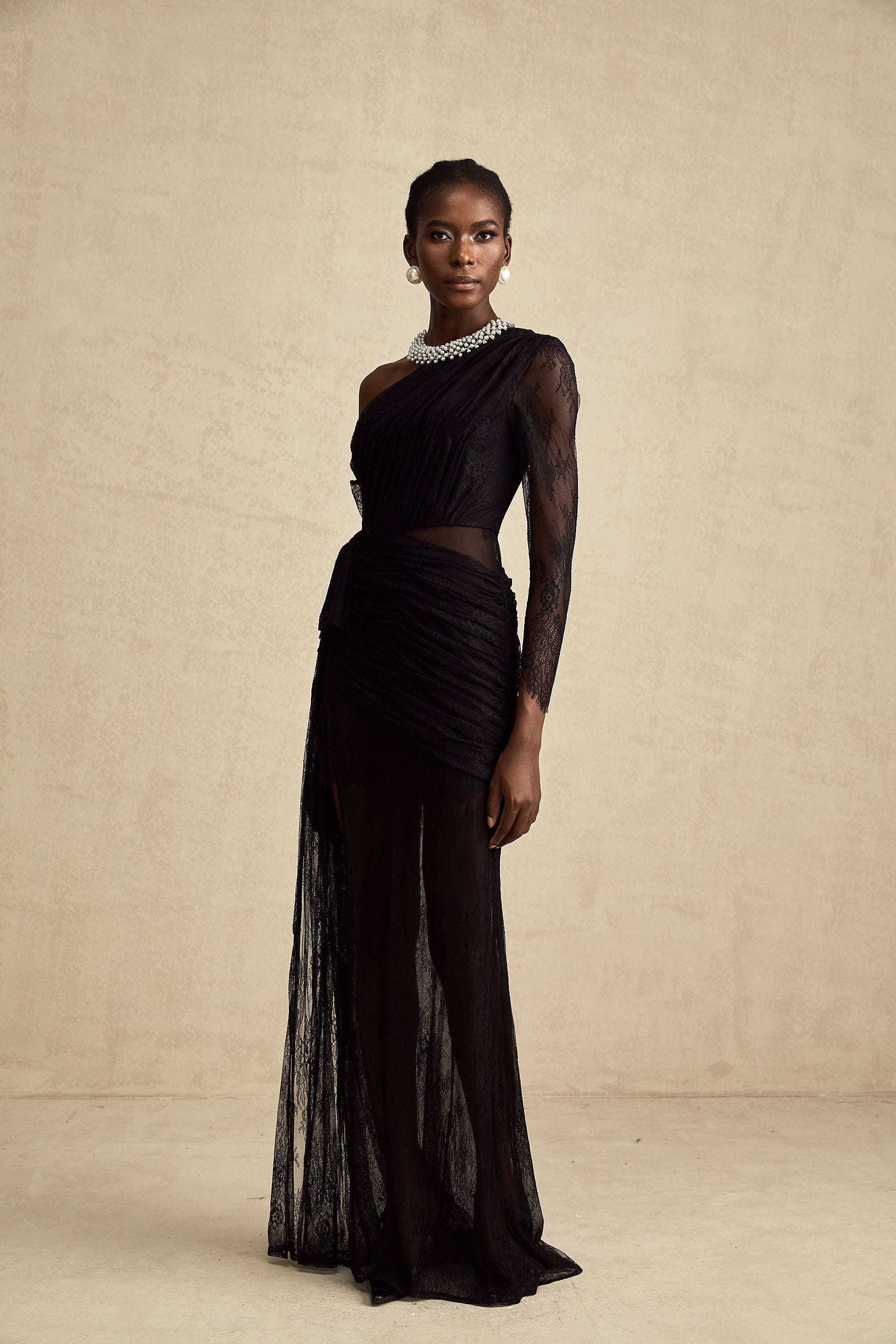 Black One-Shoulder Lace Maxi Dress with Ruched Detailing and High Leg Slit