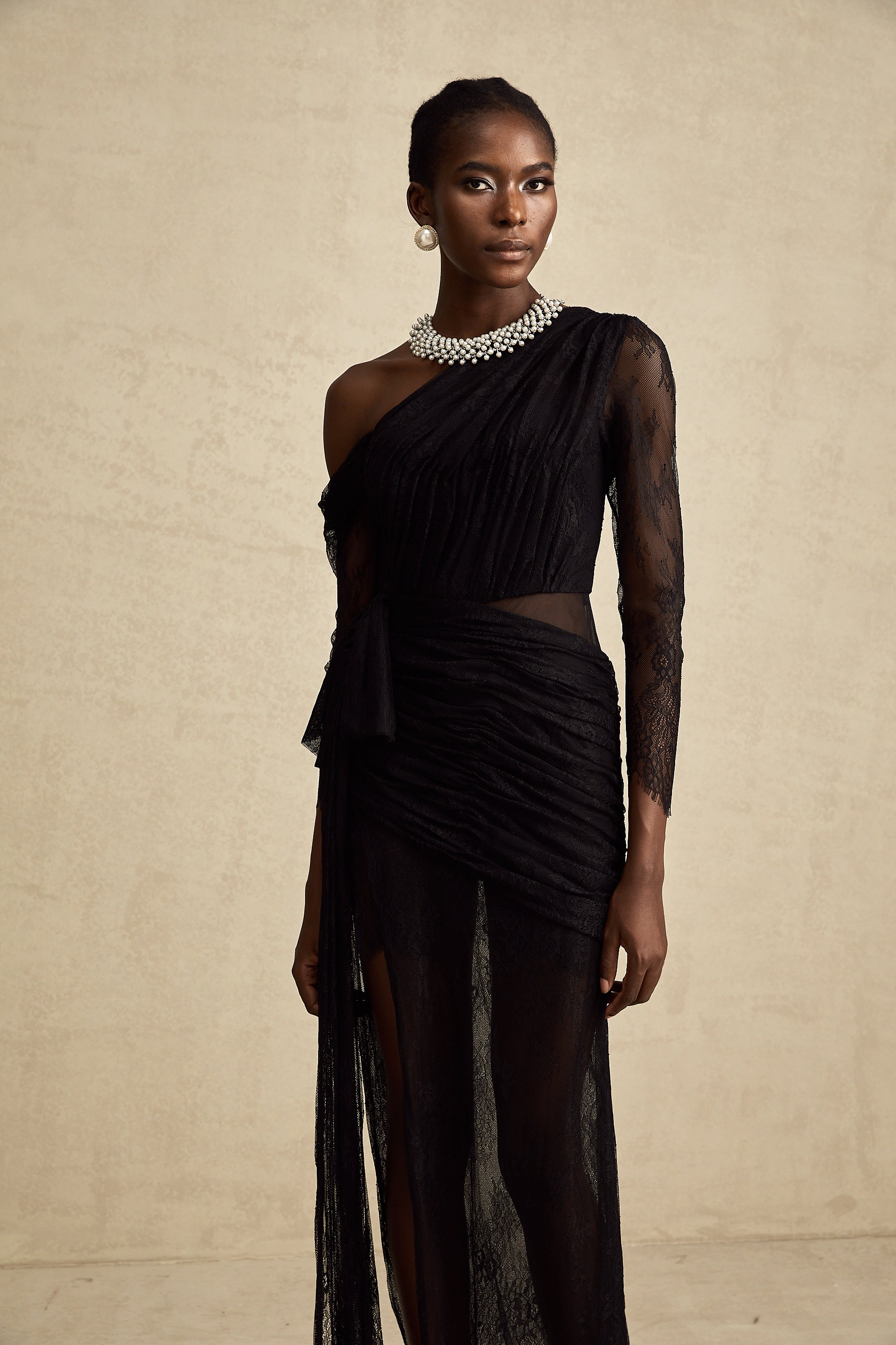 Black One-Shoulder Lace Maxi Dress with Ruched Detailing and High Leg Slit