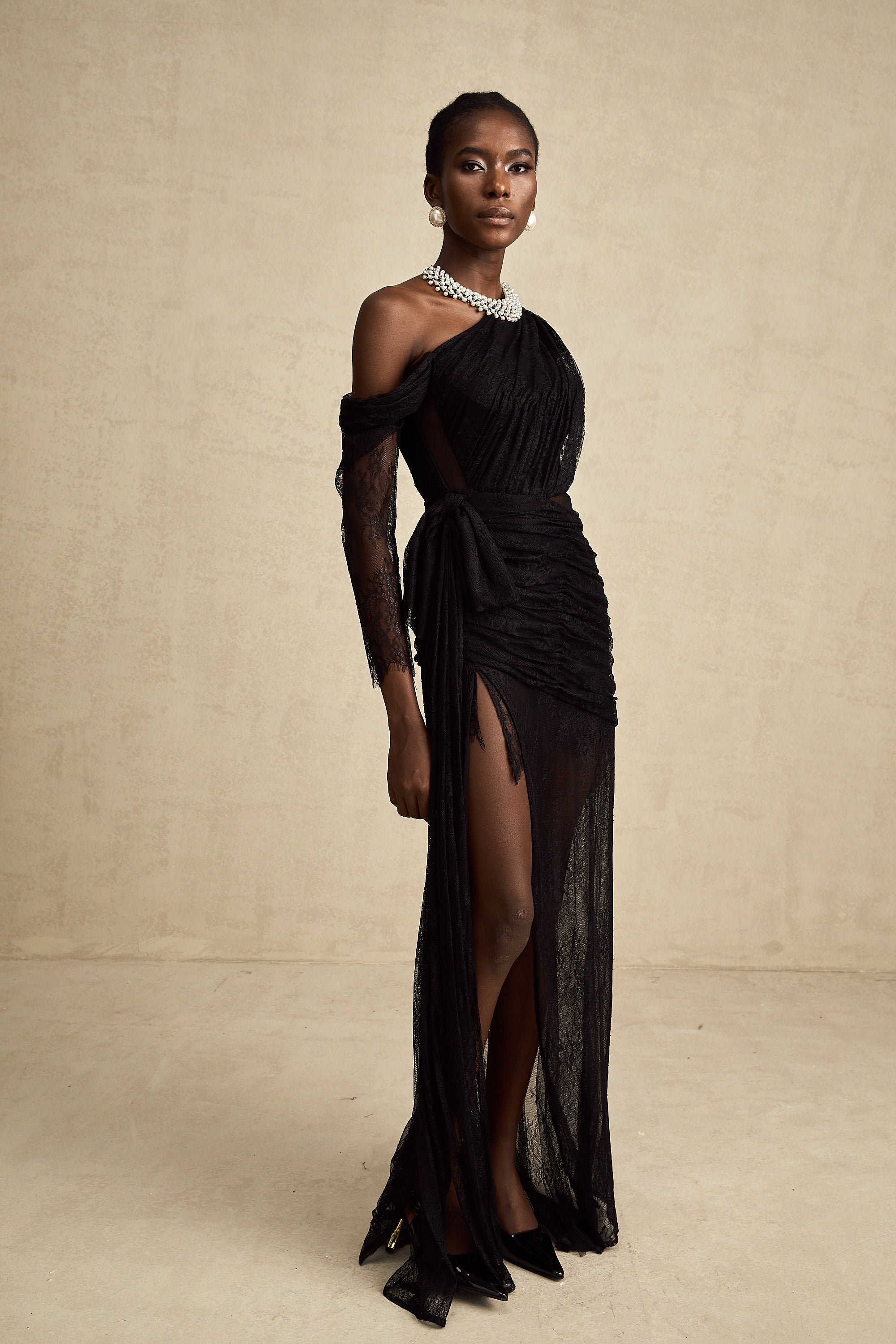 Black One-Shoulder Lace Maxi Dress with Ruched Detailing and High Leg Slit