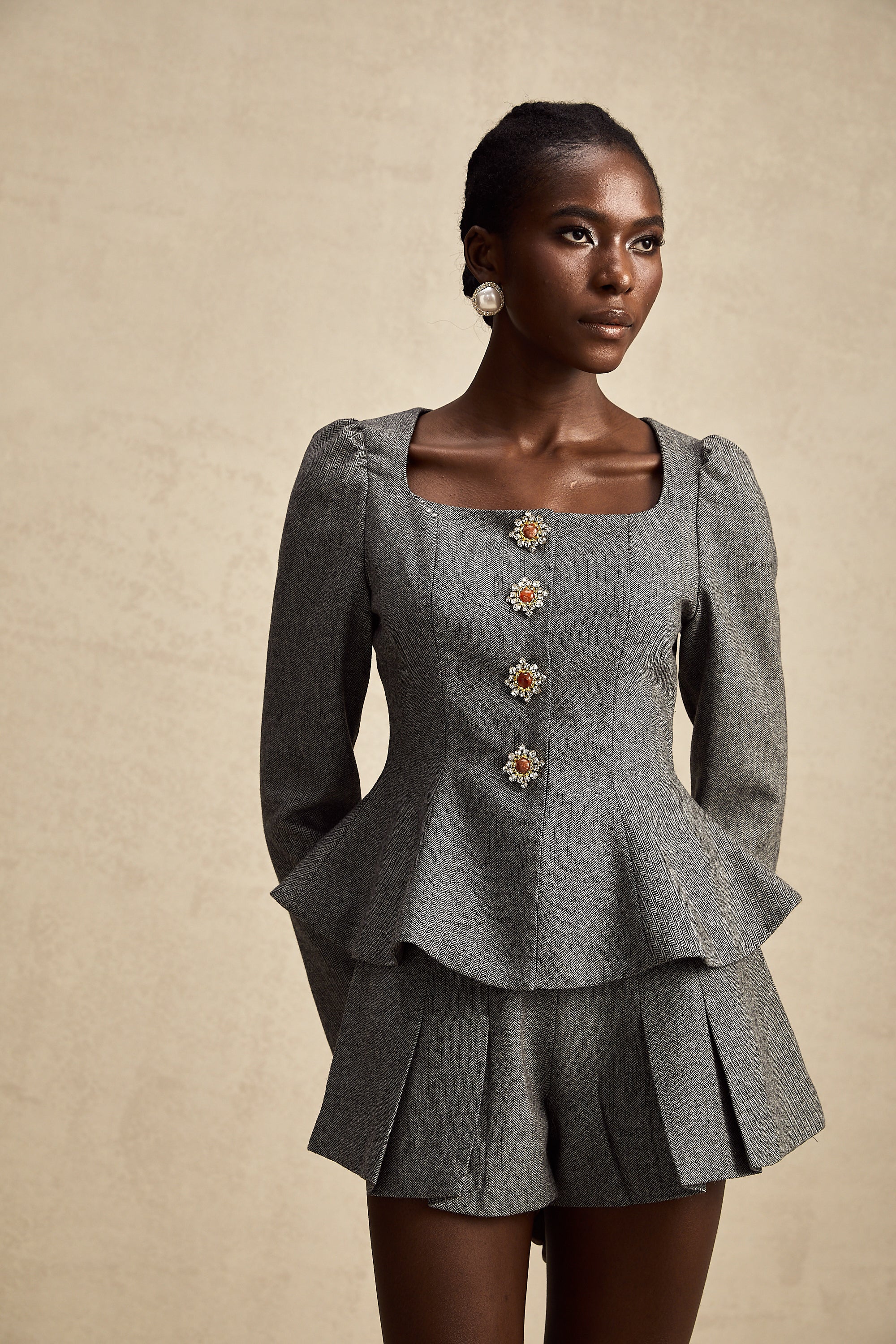 Agathe grey herringbone top & shorts matching set (Final Sale)