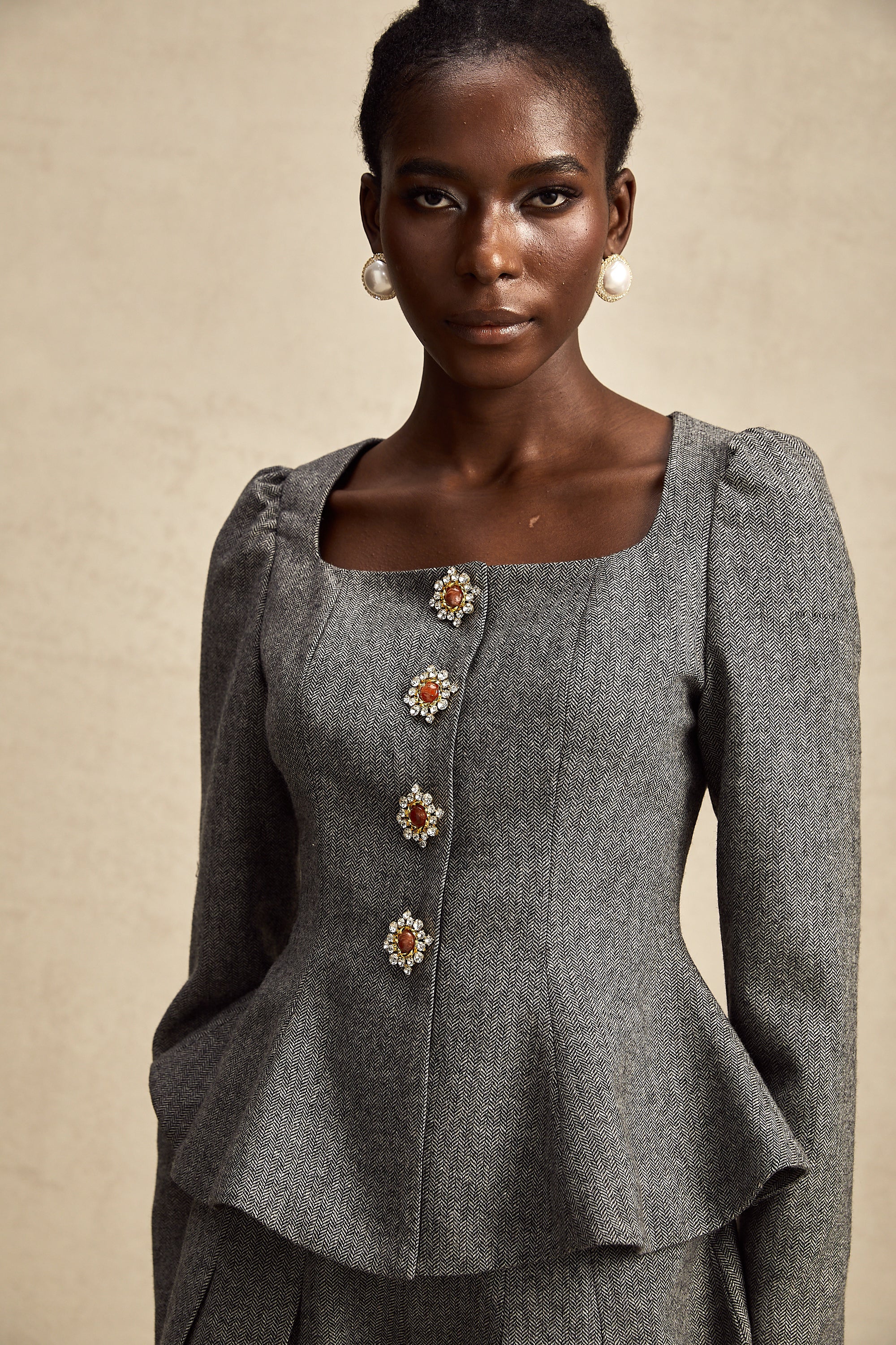 Agathe grey herringbone top & shorts matching set (Final Sale-US Only)